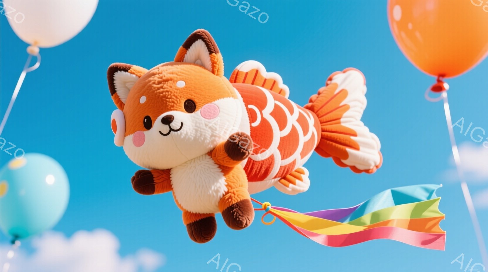 ふわふわとしたオレンジ色の鯉の姿をしたぬいぐるみのおもちゃが、青空を背景に浮かんでいます。このおもちゃは、白い毛並みの胸元と、可愛らしい顔立ちで、虹色のリボンが付けられています。背景には、パステルカラーの風船が数個浮かび、穏やかで夢のような雰囲気を醸し出しています。
