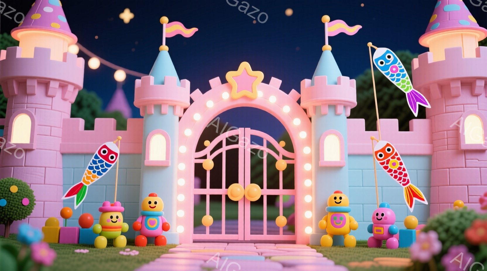 パステルカラーの可愛らしいお城が印象的な画像です。お城の前には、丸い体で笑顔のロボットのようなキャラクターが数体並んでおり、カラフルな鯉のぼりが吊るされています。背景には緑の芝生と花が広がり、夜空には - AI生成フリー素材