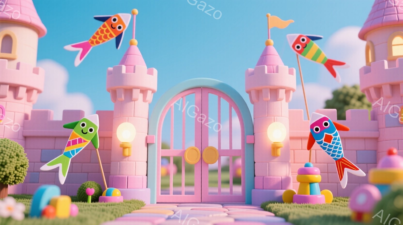 明るいピンク色の城門が印象的な画像です。城門の両側には、可愛らしい魚の形をした凧が飾られ、可愛らしいランプが設置されています。背景には緑の芝生と、遠くに見える緑豊かな丘が見え、晴れた空の下、夢のような - AI生成フリー素材