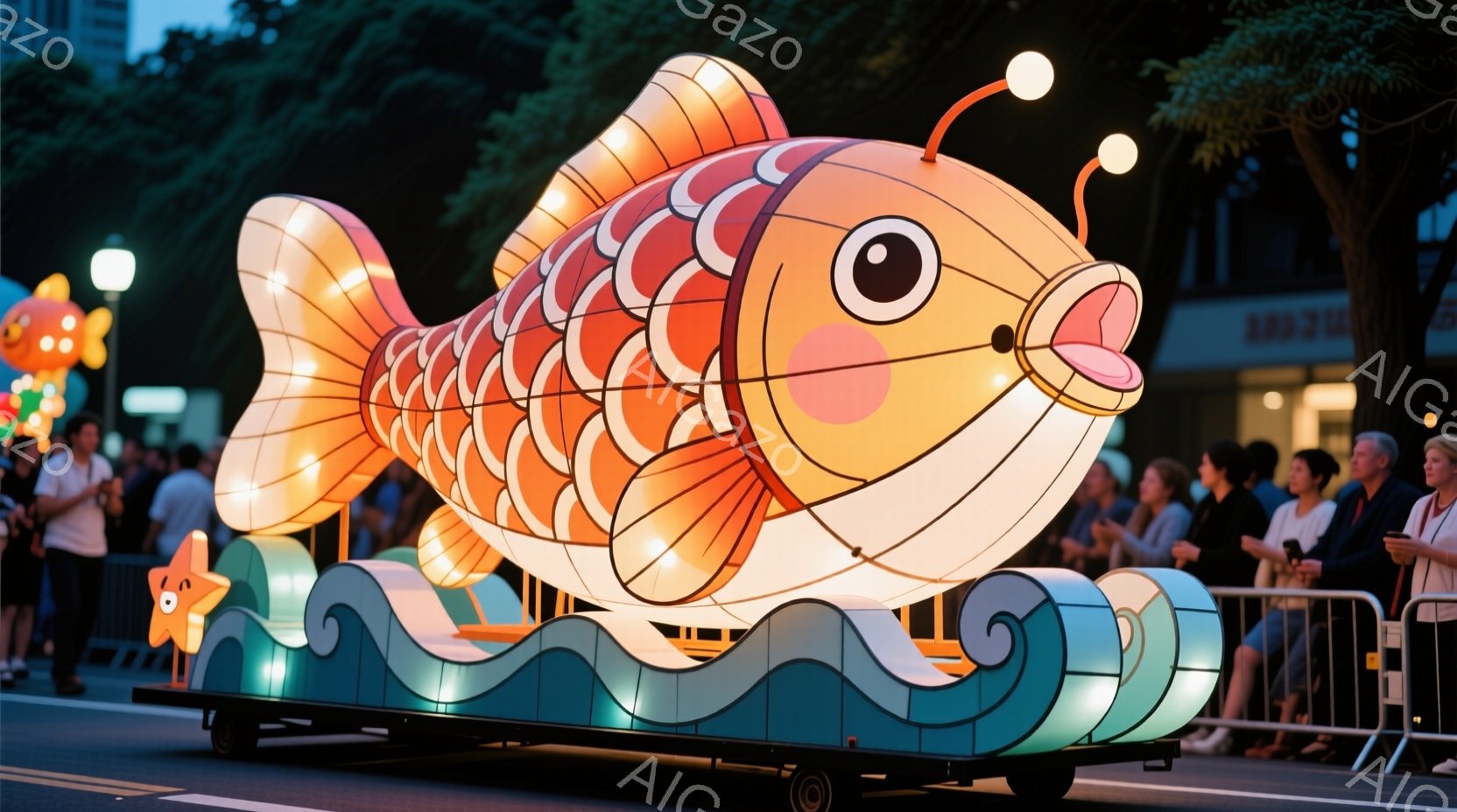 巨大なオレンジ色の魚の形をした光るフロートが、青い波のイラストと共に道路をゆっくりと進んでいる。観客はフロートの両側に立ち、さまざまな服装で、興奮と楽しさの表情を浮かべている。背景には建物や木々が見え、夜空は暗く、フロートの光が際立っている。