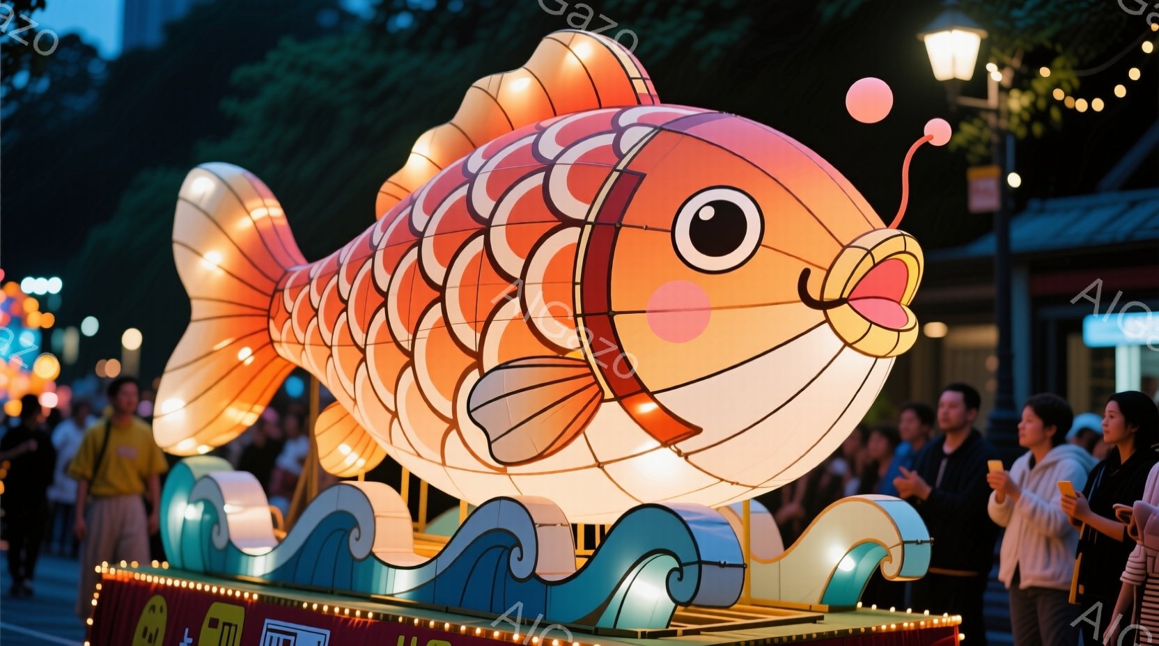 巨大な鯉の形をした提灯が夜の街を明るく照らしている。提灯はオレンジと白のストライプで装飾され、青い波模様が描かれた台座の上に設置されている。周囲には人々が立ち並び、スマートフォンで写真撮影を楽しんでい - AI生成フリー素材