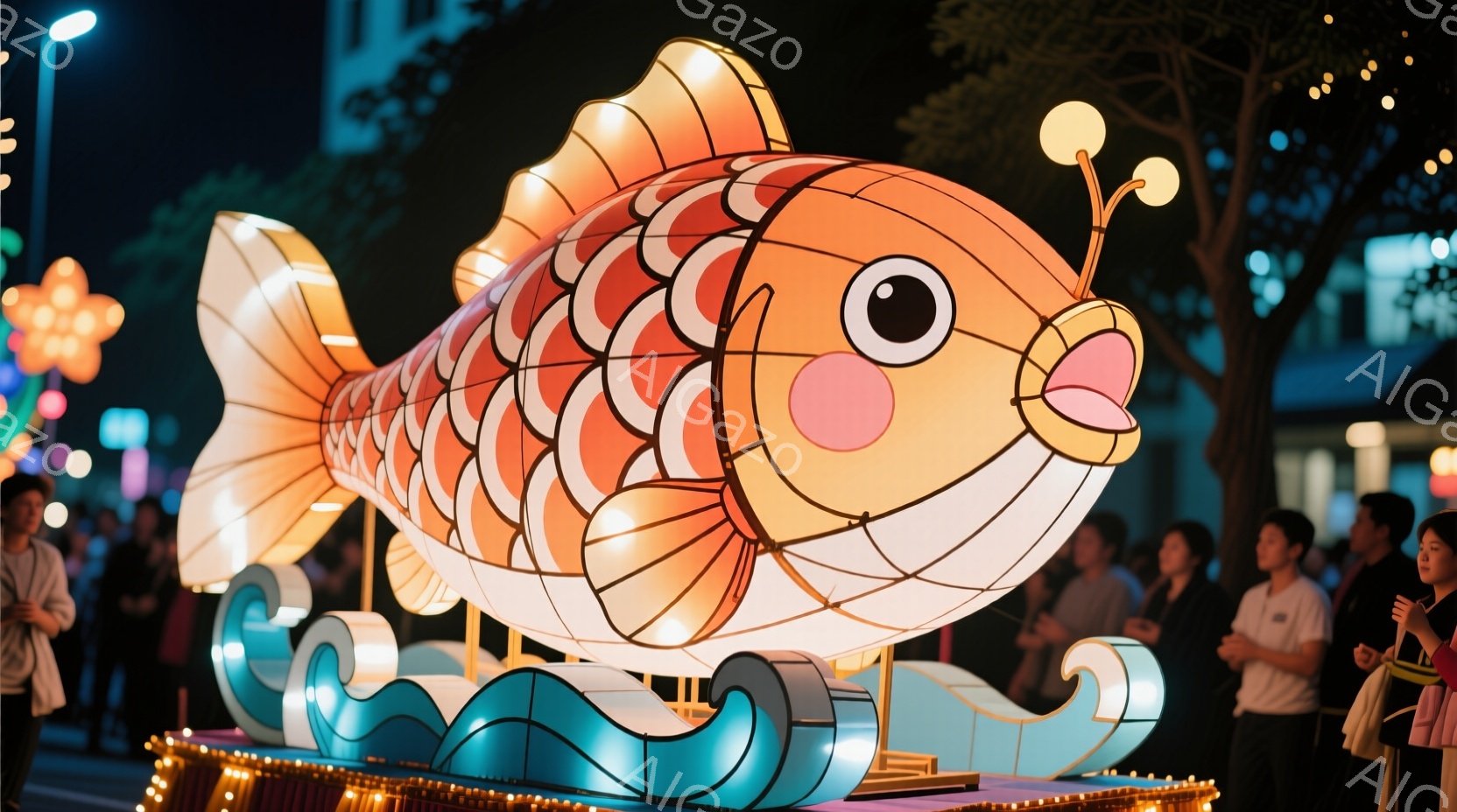 大きな提灯で作られた金魚が、青い波の形をした台の上に飾られています。金魚はオレンジ色と白の模様で、大きな目と赤い頬が特徴的です。背景には、ぼんやりと人々の姿や建物が見え、夜空には多くの提灯が輝き、お祭 - AI生成フリー素材