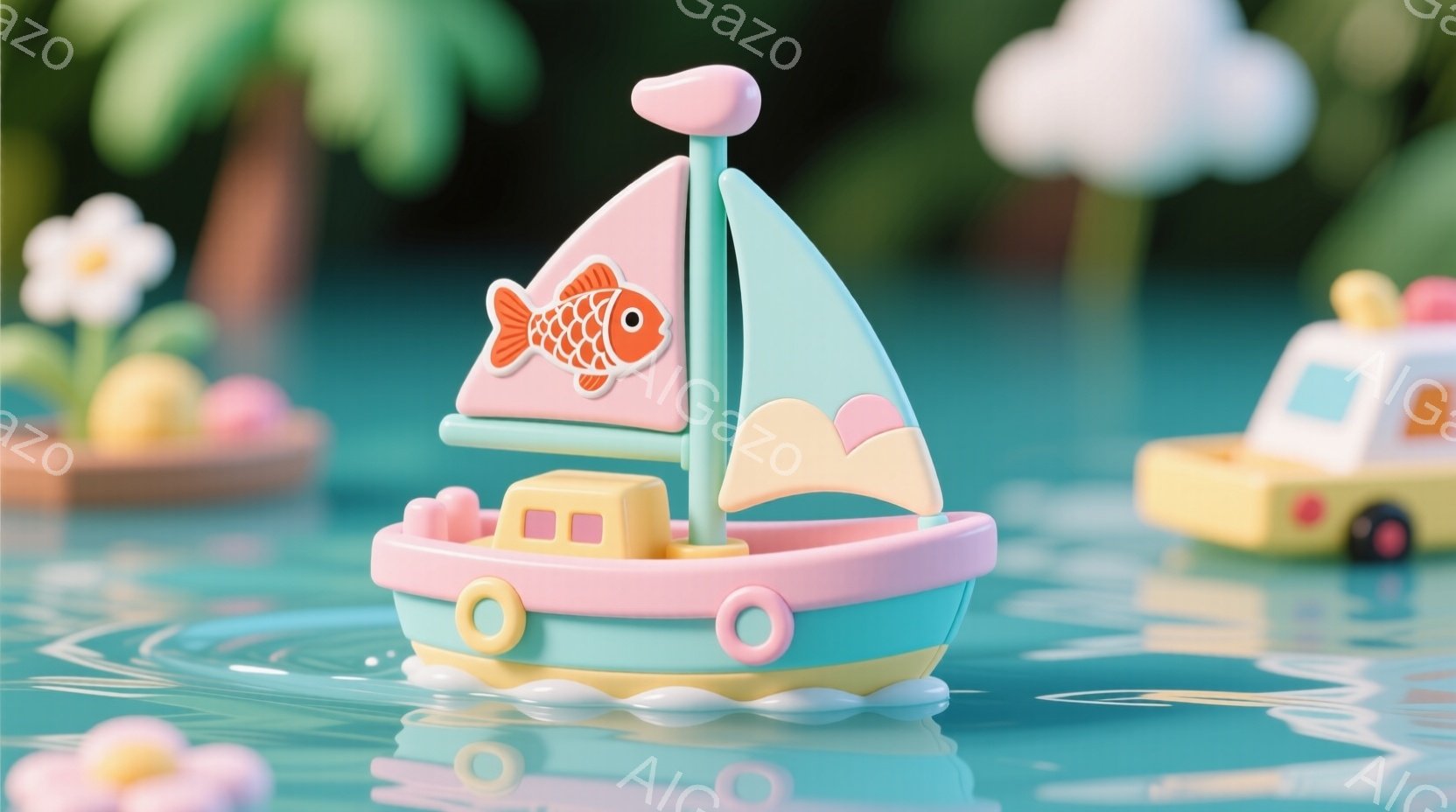 淡いピンク色の船が穏やかな水面に浮かんでおり、帆にはオレンジ色の魚が描かれています。背景には、パステルカラーの黄色い車、ピンクの花、そして緑色の葉が見え、夢のような優しい雰囲気を作り出しています。水面には船の影が映り込み、穏やかで平和な情景が広がっています。
