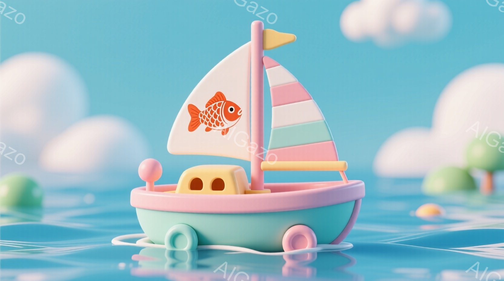 鮮やかな水色の背景に、ピンクと水色の可愛らしいおもちゃのボートが浮かんでいます。帆にはオレンジ色の魚のイラストが描かれており、ボートはわずかに傾いて水面を漂っているように見えます。背景には、パステルカラーの丸い島々が点在し、晴れた空と穏やかな海を連想させる、暖かく平和な雰囲気です。