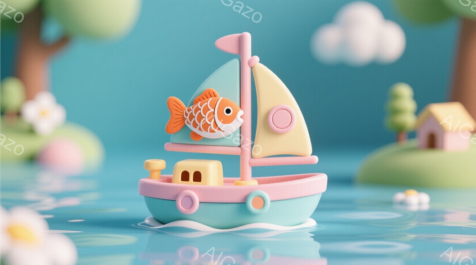 明るい水色の海に、ピンクと水色の可愛らしい船が浮かんでいます。船の前にはオレンジ色の魚が釣り針にかかっており、船上には小さな白い建物が見えます。背景には緑色の島と白い建物、そしてふわふわとした雲が描か - AI生成フリー素材