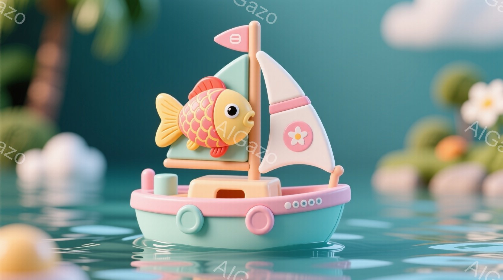 鮮やかな水色の背景に、ピンク色の船とオレンジ色の魚が組み合わさったおもちゃが浮かんでいます。船には水色の縁取りがあり、帆には可愛らしい花が描かれています。背景には、ぼやけた緑色の植物や黄色い花が見え、 - AI生成フリー素材