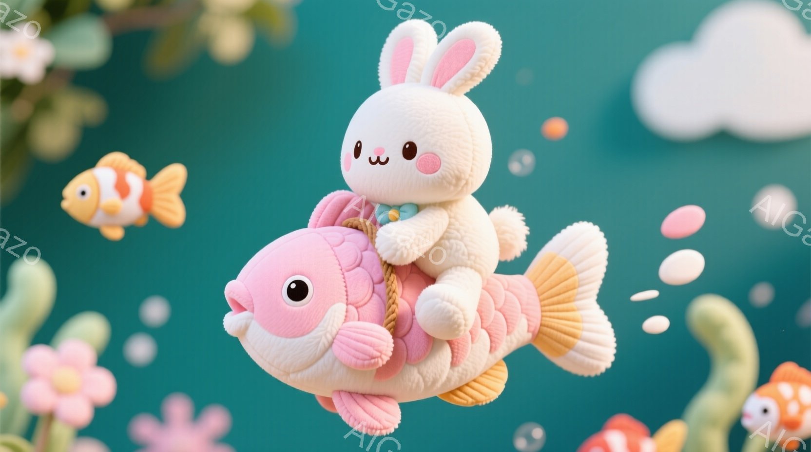 ふわふわのピンク色の鯉の背中に、小さな白いウサギが乗っています。ウサギは青い蝶ネクタイをつけ、つぶらな瞳で前を見つめており、可愛らしい表情をしています。背景は水色のグラデーションで、周りにはピンクやオ - AI生成フリー素材