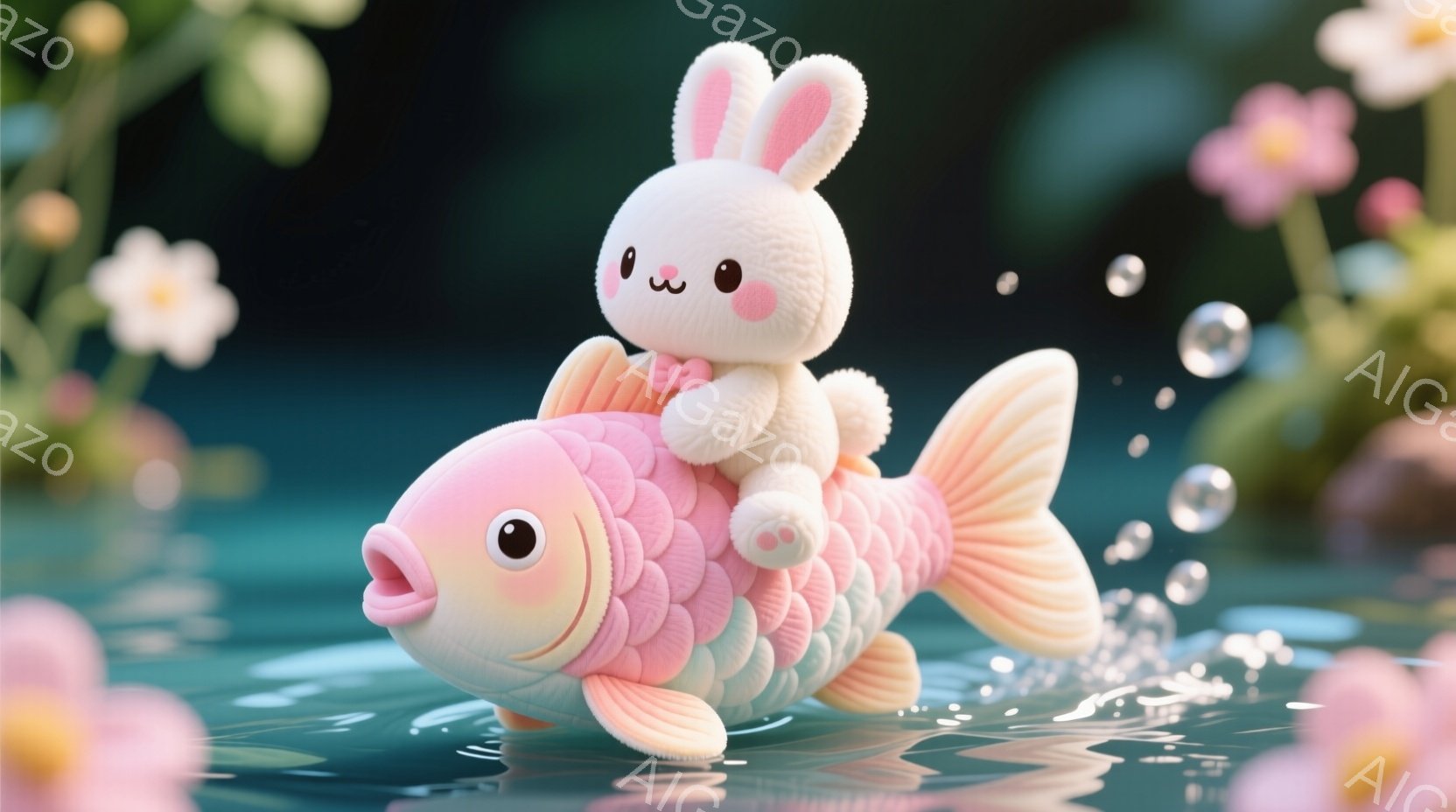 ふわふわのピンクとオレンジ色のkoi（コイ）の上に乗った白いウサギが描かれています。ウサギはピンク色の小さな靴を履き、嬉しそうな表情で前を見つめています。背景には水面、ピンク色の花、そして泡が浮かび、全体的に柔らかく、夢のような雰囲気が漂っています。