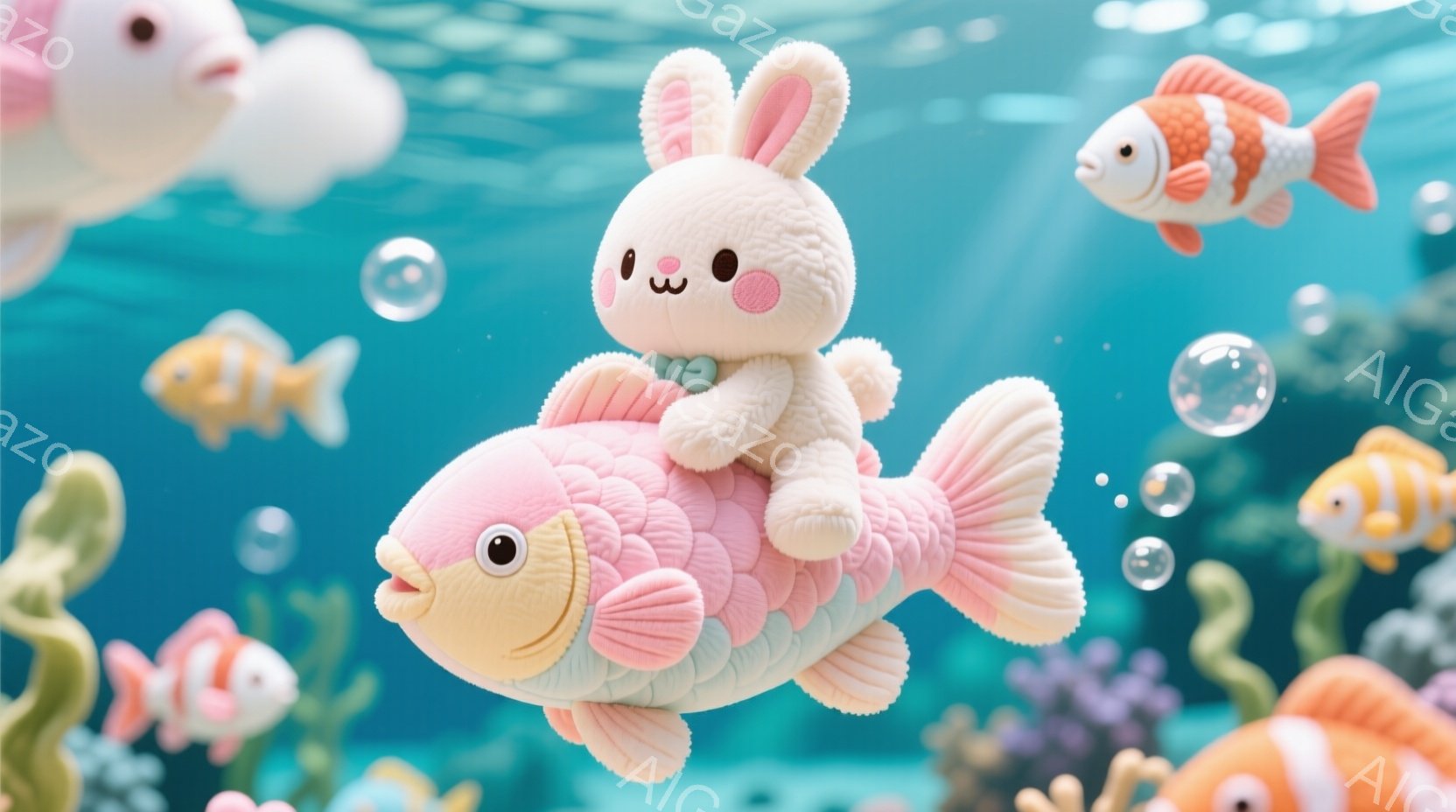 こは可愛らしいパンダと様々な海洋生物が登場する、デジタルアートのような絵画です。主なキャラクターはパンダのステッドライダー、潜水艦を乗り回しています。パンダはショートゥと表情が可愛く、水中で様々な海洋 - AI生成フリー素材