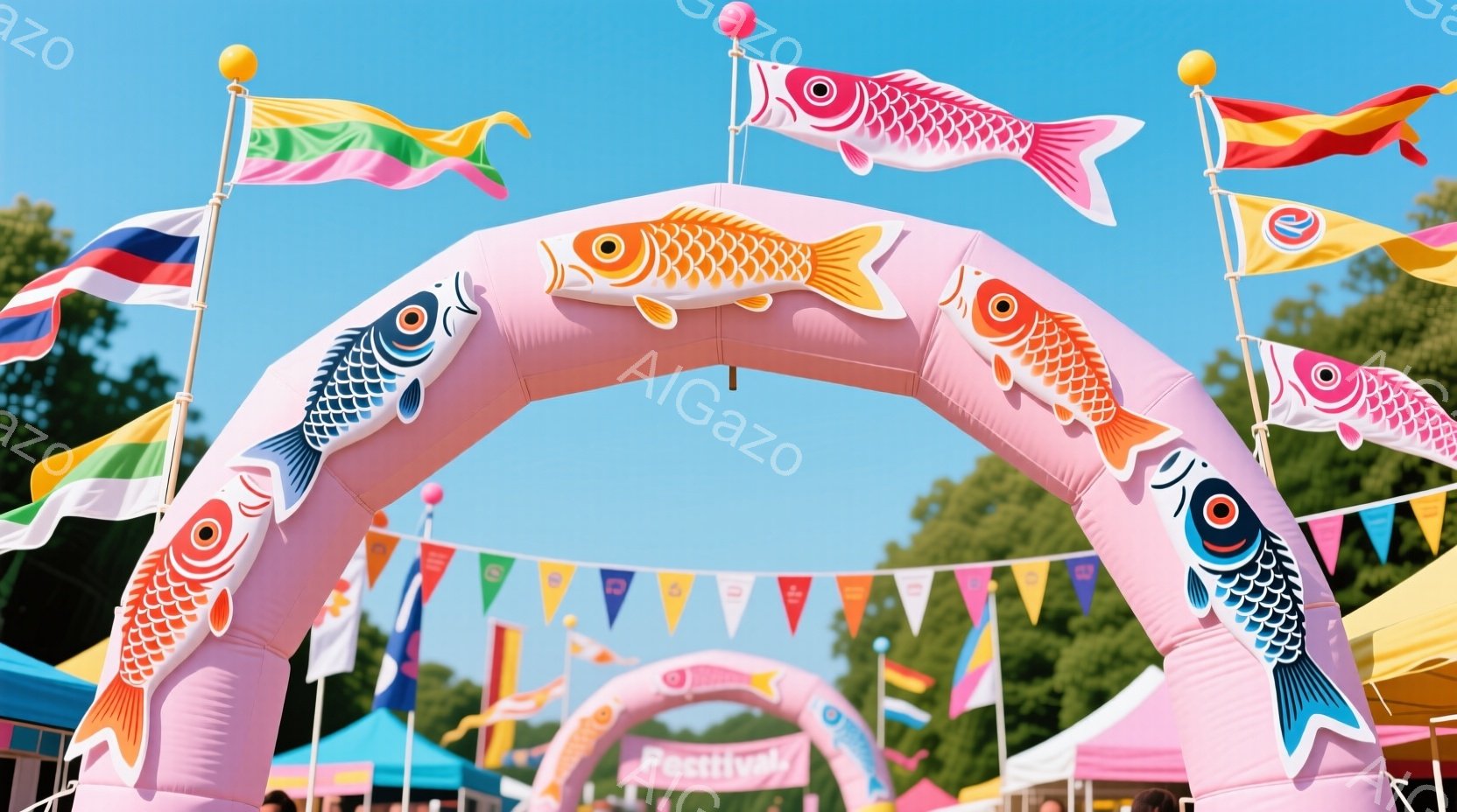 空は晴れ渡り、ピンク色の大きな鯉のぼりが並んだアーチが印象的な画像です。アーチの上には、様々な色の旗が飾られ、賑やかなお祭りの雰囲気を醸し出しています。背景には、屋台のようなものが並び、人々が楽しんで - AI生成フリー素材