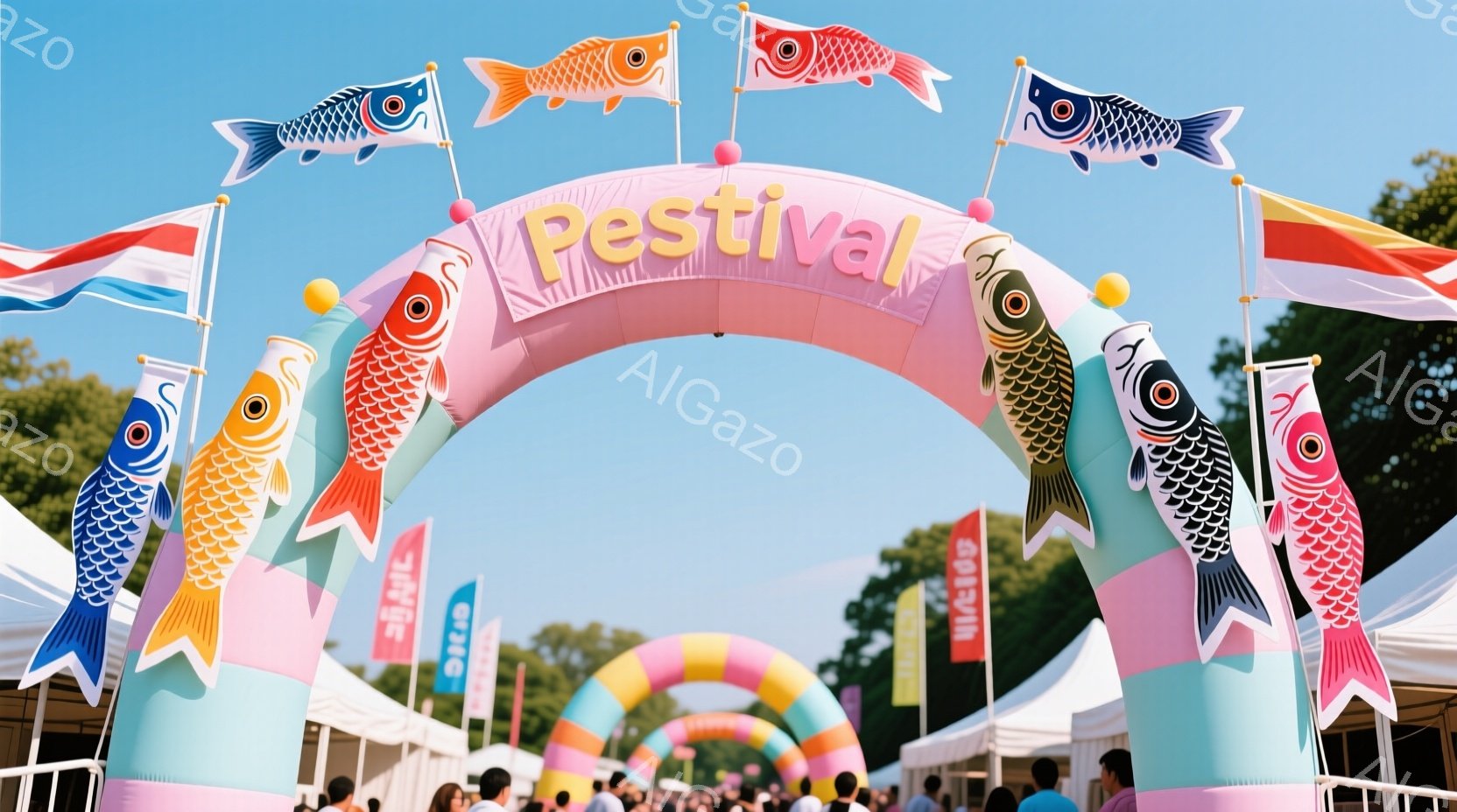 鮮やかな鯉の形をした大きなゲートが印象的な写真です。人々がゲートの下を歩いており、カラフルな服装で賑わっています。背景には木々や白いテントが見え、晴天の下、お祭りのような活気ある雰囲気が伝わってきます - AI生成フリー素材