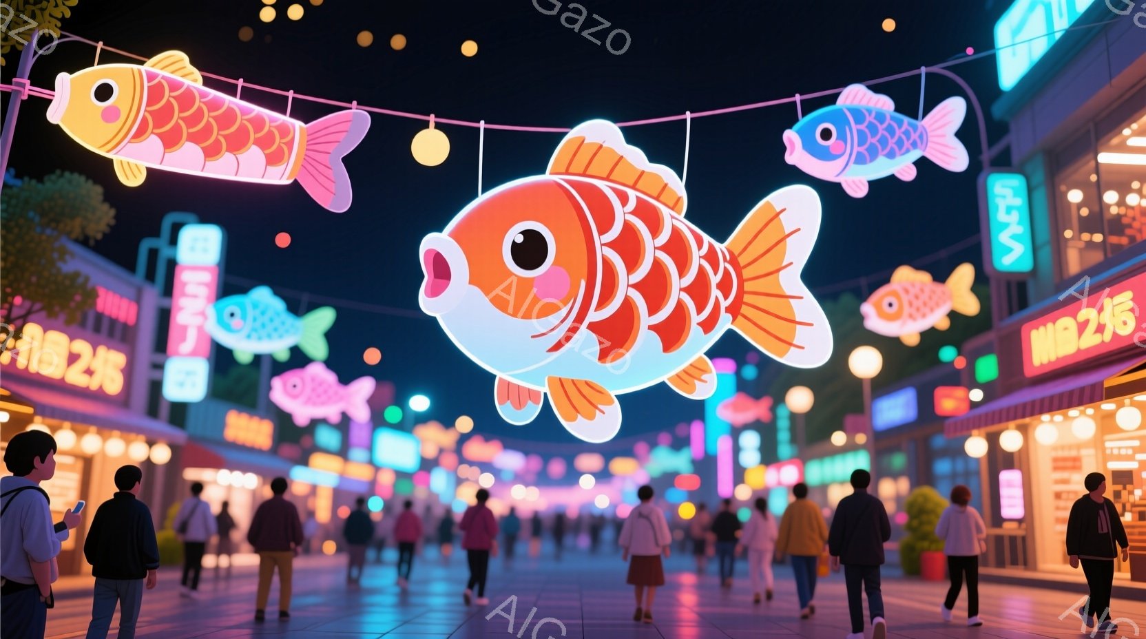 夜の商店街にカラフルな鯉のぼりが飾られ、賑やかな雰囲気が漂っています。人々はそれぞれカジュアルな服装で、歩いたり立ち止まって景色を楽しんだりしています。背景には、ネオンサインが輝く建物が並び、活気ある - AI生成フリー素材