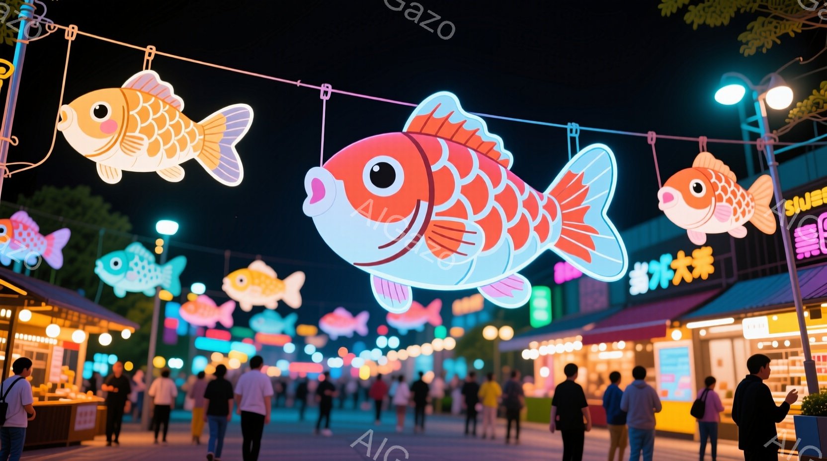 夜の屋外市場で、色とりどりの大きな魚の形をしたネオンライトが吊り下げられています。人々はカジュアルな服装で歩き回り、賑やかな市場の雰囲気を楽しんでいます。背景には店舗や緑があり、活気のある夜の光景が広がっています。