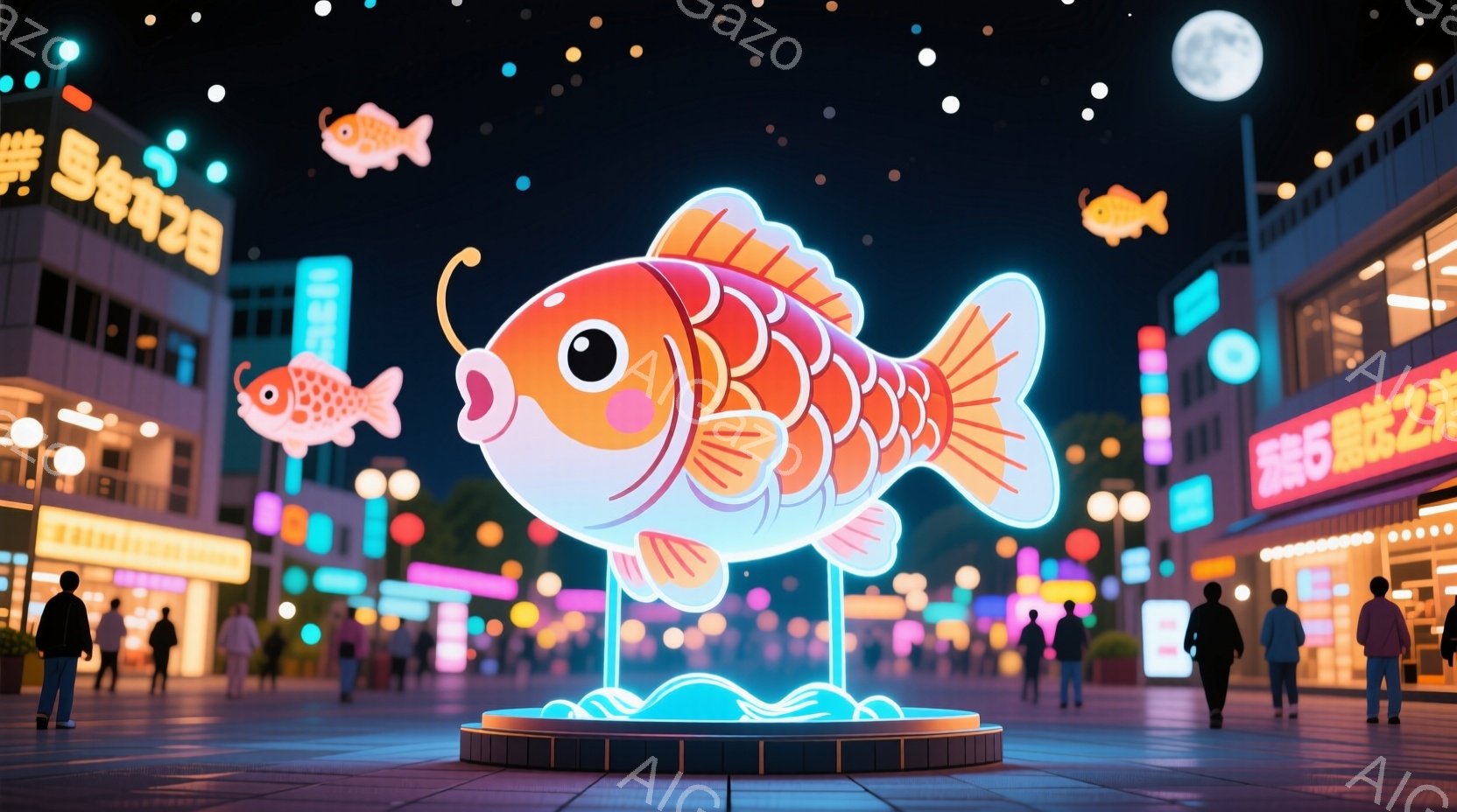 夜の街の中心に、巨大な提灯のような鯉が光り輝いている。人々はカジュアルな服装で、鯉の像をぼんやりと眺めているか、歩き回っている。背景には、ネオンサインが輝く商店街が広がり、夜空には満月が浮かび、幻想的 - AI生成フリー素材