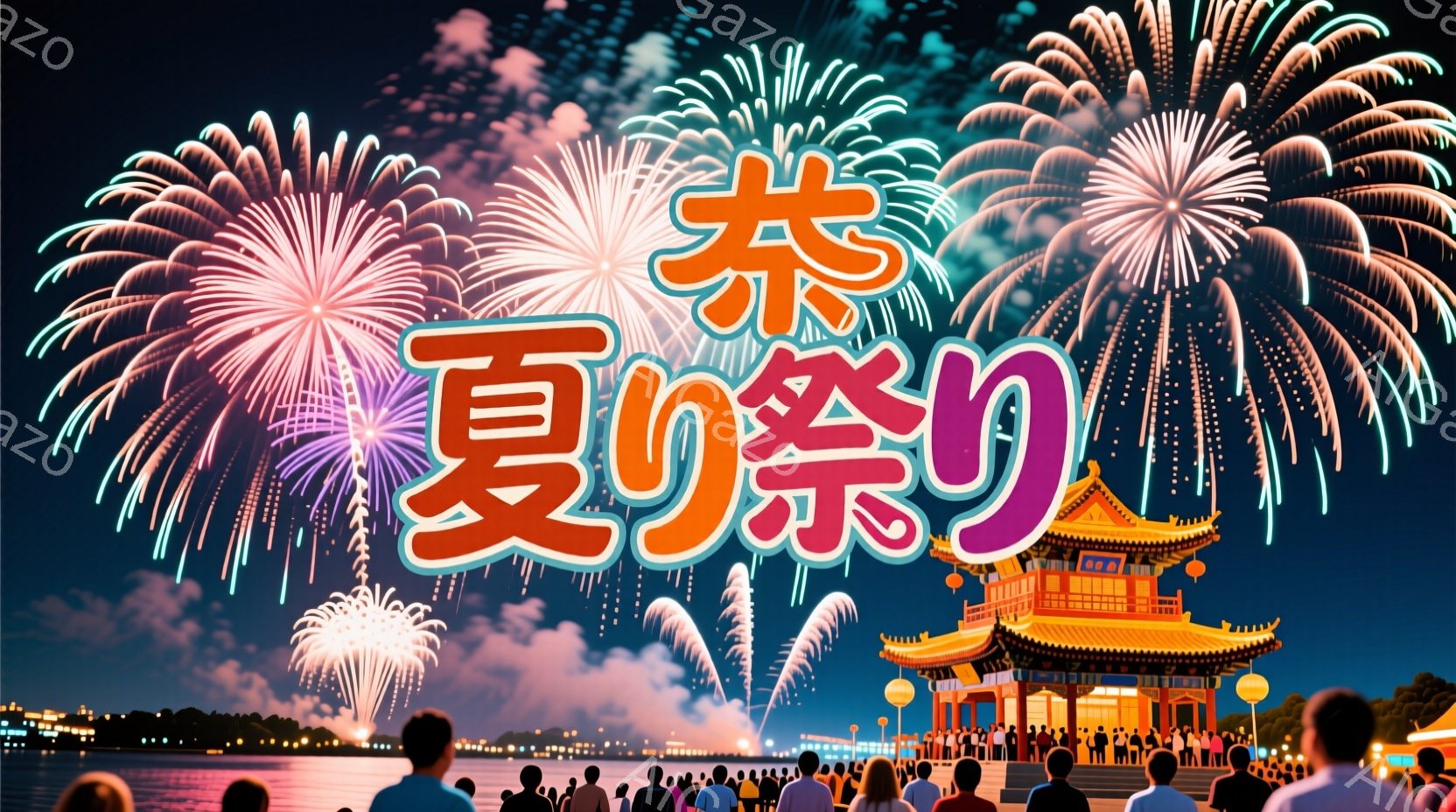 夜空には色とりどりの花火が咲き乱れ、その下には中国風の美しい建造物がライトアップされています。観客は夜空を見上げ、興奮と感動に包まれている様子で、その姿はシルエットとして描かれています。水面には光が反射し、幻想的な雰囲気を醸し出しています。