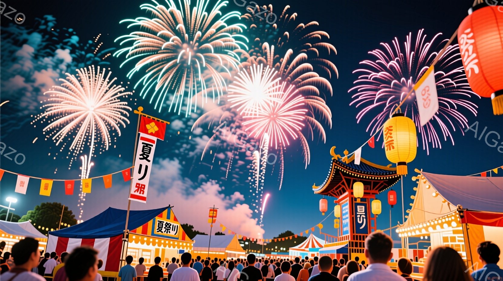 夏祭りの夜空には、鮮やかな花火が咲き乱れ、多くの人々がその光景に見入っています。人々はカジュアルな夏の服装で、興奮と喜びの表情を浮かべ、花火を見上げるか、写真を撮っています。背景には、日本風の建物や屋 - AI生成フリー素材