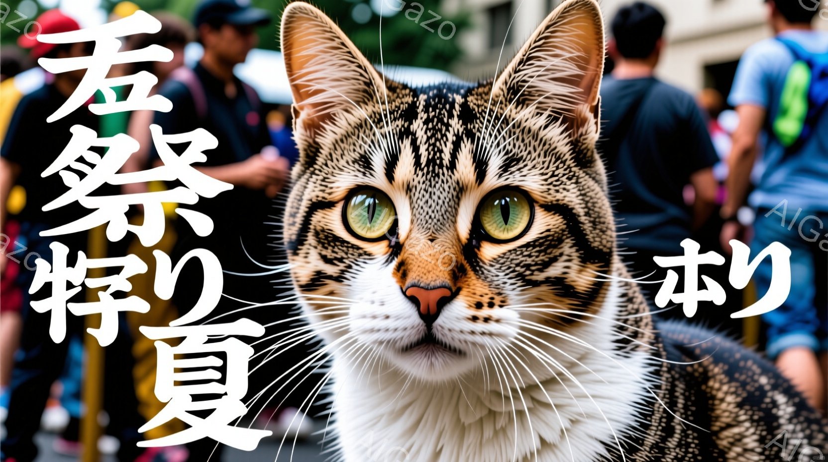 縞模様の猫がカメラの正面をまっすぐ見ています。猫の毛並みは茶色と黒のコントラストが強く、鮮やかな緑色の瞳が印象的です。背景には人がぼやけて写っており、屋外で賑やかな雰囲気を感じさせます。 - AI生成フリー素材