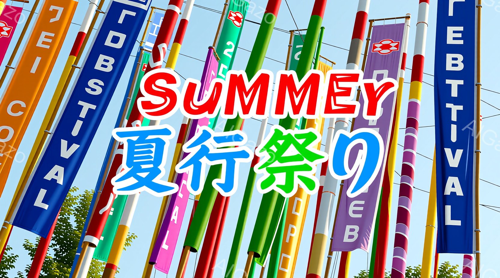 カラフルな旗が並んでおり、青、緑、赤、黄色など鮮やかな色が目に飛び込んできます。旗にはアルファベットが書かれており、「SUMMER FESTIVAL」という言葉が繰り返し表示されています。背景には緑豊 - AI生成フリー素材