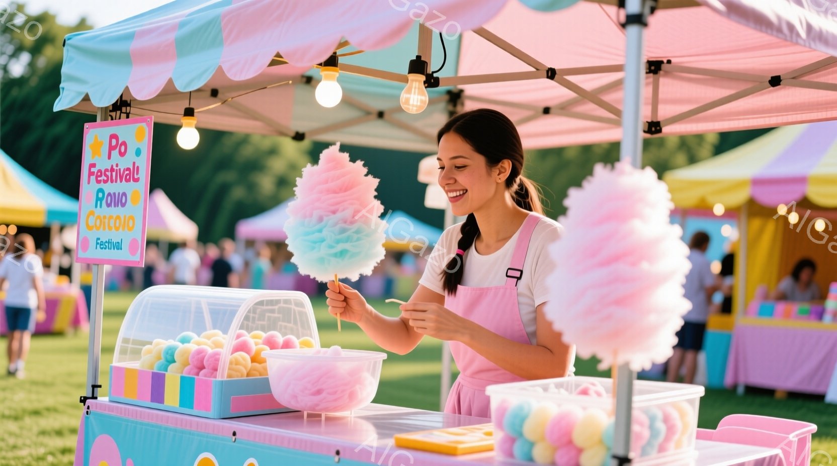若い女性が綿菓子を作っている様子が写っています。彼女は白いTシャツにピンクのエプロンを着用し、髪を後ろで束ねています。背景にはカラフルな綿菓子スタンドと緑豊かな芝生、そしてぼやけた遊園地の様子が見え、明るく楽しい雰囲気が漂っています。