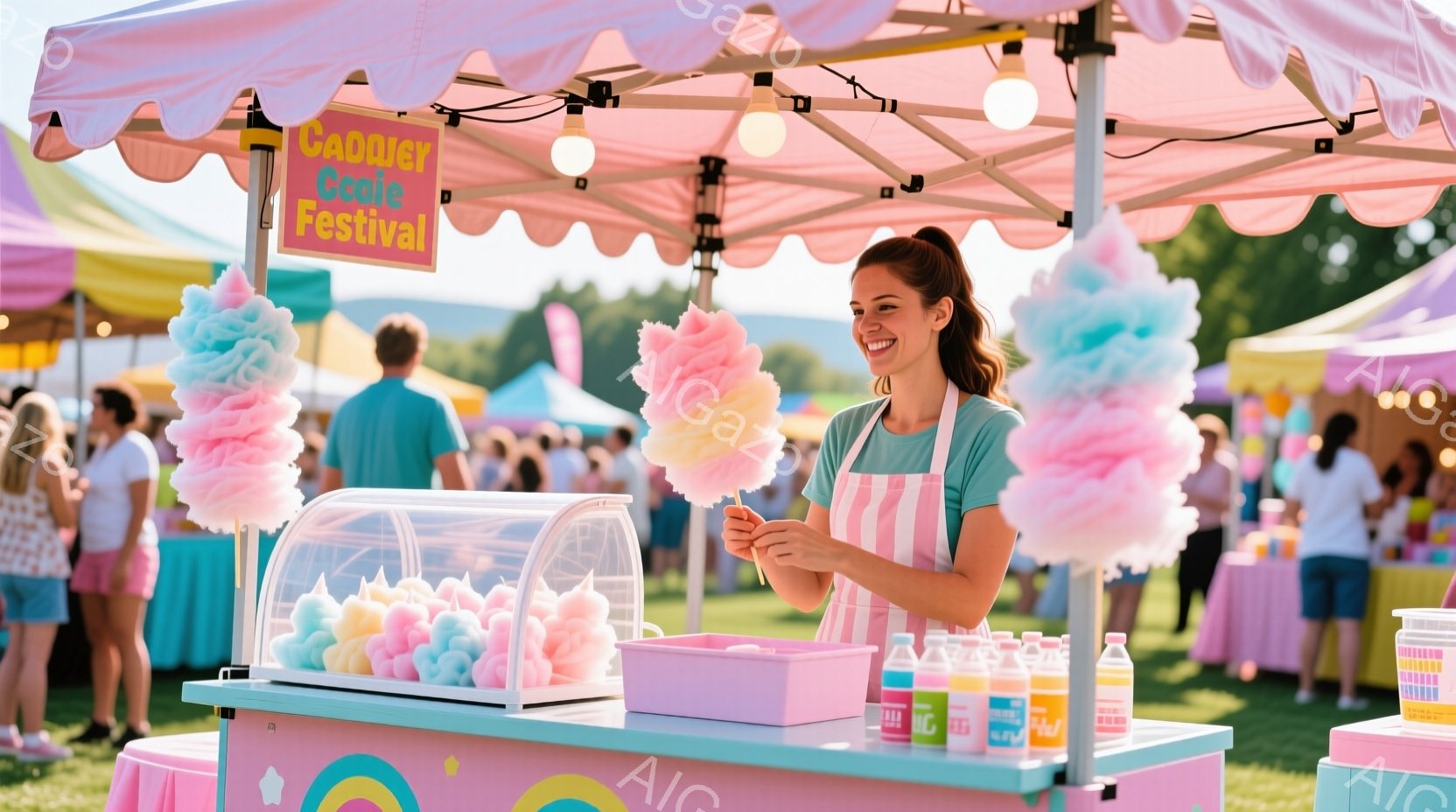 明るいピンク色の屋台で、女性が綿菓子を作っています。彼女はピンクと白のストライプのエプロンを着ており、髪をポニーテールにしています。背景には緑の芝生と他の屋台が見え、晴天の下、賑やかなお祭りの雰囲気が漂っています。