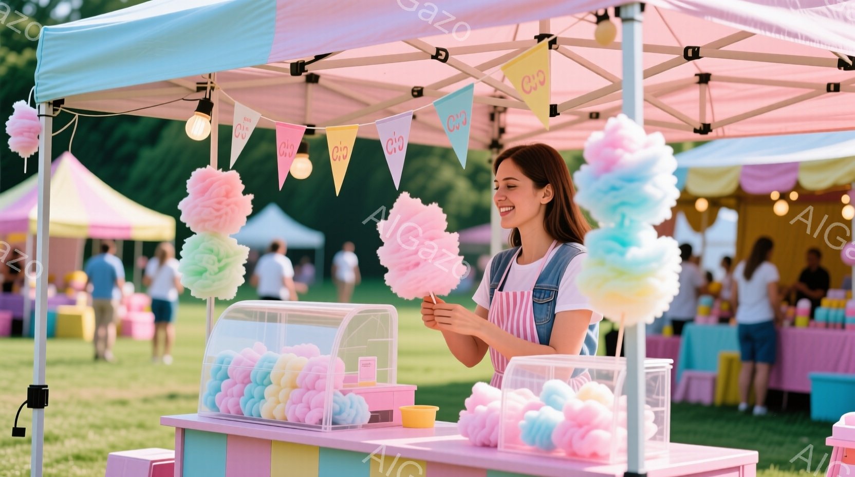 屋台で綿菓子を作っている女性が写っています。彼女はデニムのオーバーオールを着ており、髪を後ろで結んでいます。背景には緑の芝生、他の屋台、そして晴れた空が広がっており、お祭りやイベントのような活気のある雰囲気が漂っています。