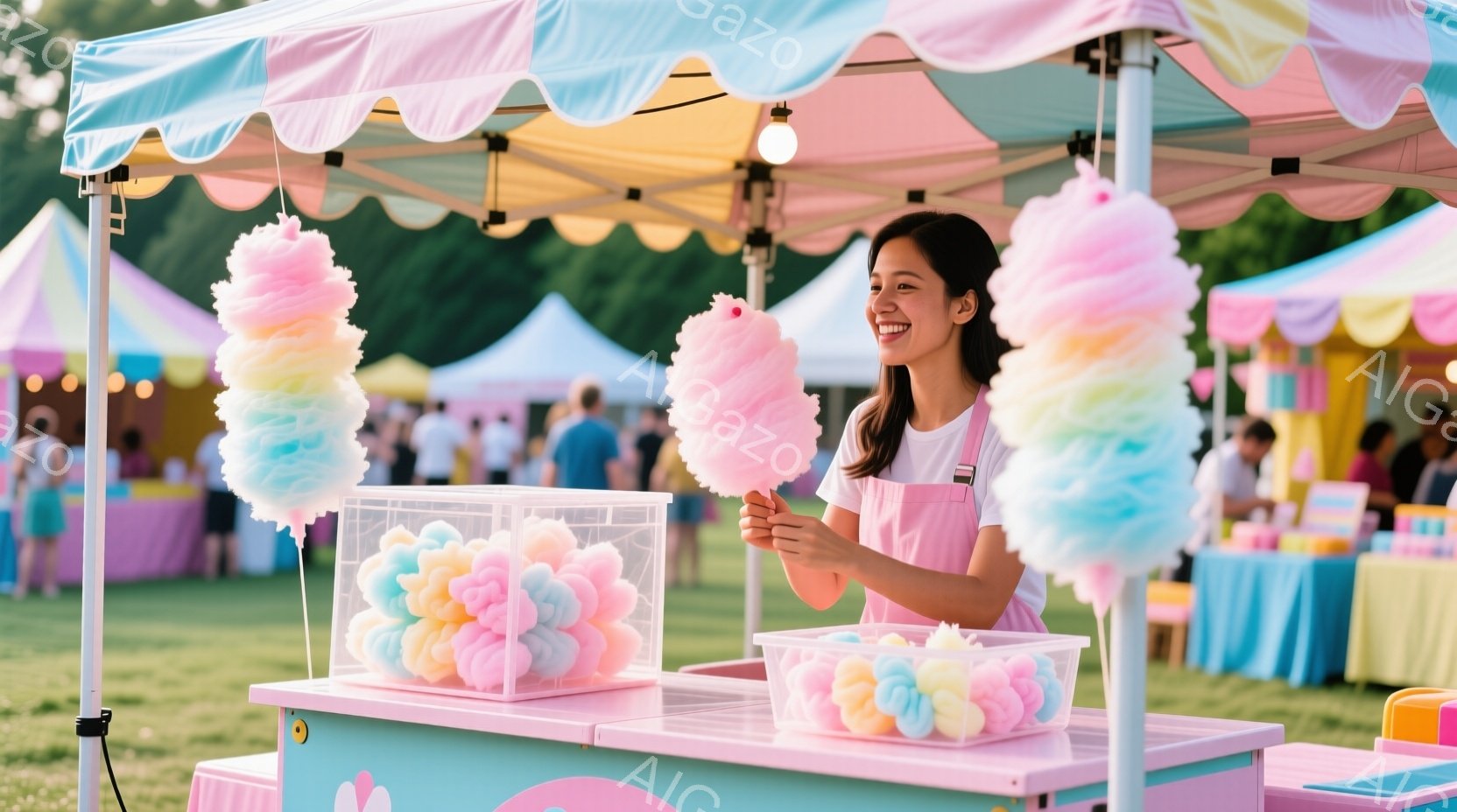 屋台で働く女性が、ピンクと水色の綿あめを手に持っています。彼女はピンク色のエプロンを着ており、明るい笑顔を浮かべています。背景には緑の芝生と、色とりどりの屋台が並び、晴れた日のイベント会場の賑やかな雰 - AI生成フリー素材
