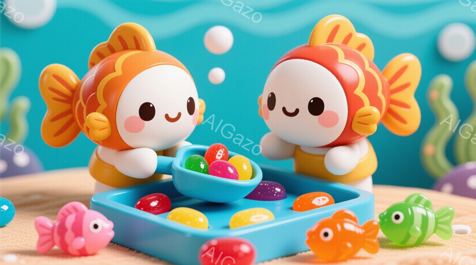 2つの可愛らしい魚のキャラクターが、水色のトレイに入ったカラフルなキャンディーの周りに立っています。彼らは白い体をしており、オレンジ色のひれと愛らしい笑顔を持っています。背景は淡い水色とクリーム色のストライプで、透明な魚のおもちゃがいくつか散らばっています。