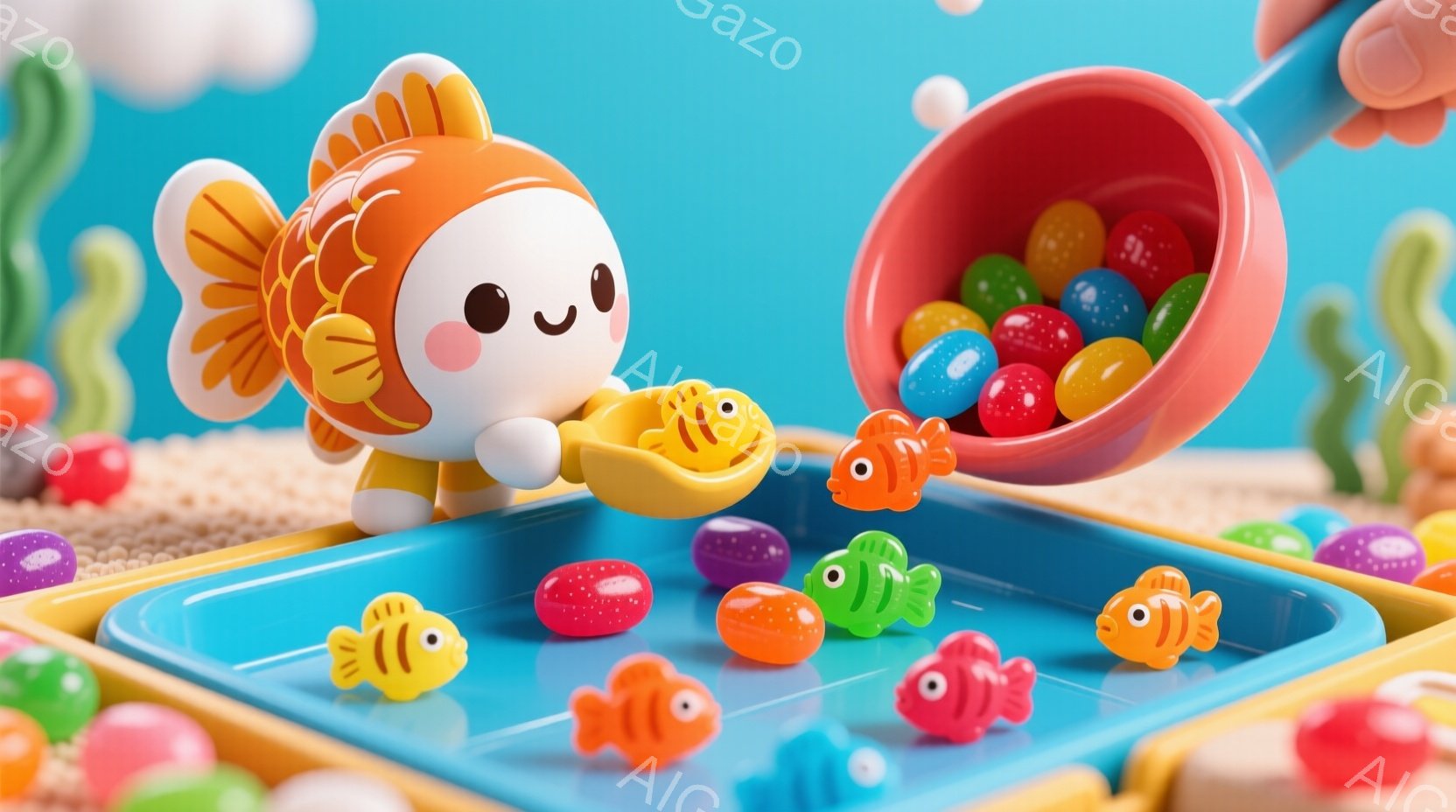 鮮やかな青い背景に、カラフルなキャンディのような魚たちが浮かぶ、遊園地風のゲームの様子が描かれています。金魚のような姿をした可愛らしいキャラクターが、釣り竿でキャンディ魚を釣っており、嬉しそうな表情を - AI生成フリー素材