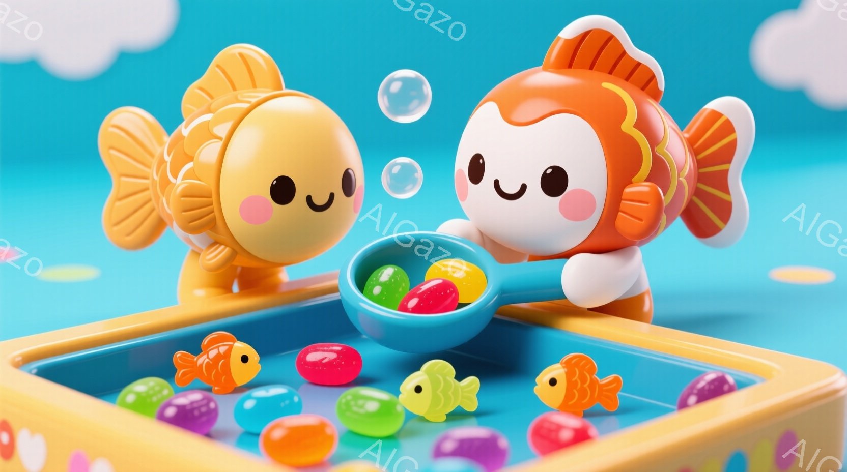 オレンジ色の可愛らしい魚のキャラクターが二人、水色のスプーンでジェリービーンズを分け合っています。背景は明るい水色で、ジェリービーンズが散らばった黄色いトレイの上で、楽しそうな雰囲気が漂っています。全 - AI生成フリー素材
