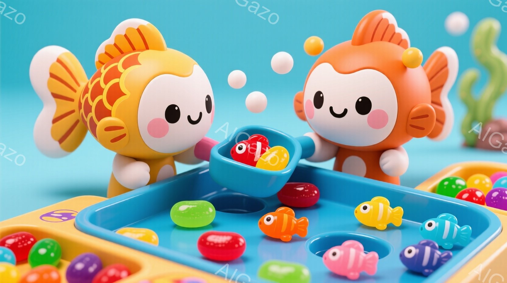 鮮やかな水色の背景に、金魚を模した可愛らしいキャラクターが二人、小さな釣りゲームを楽しんでいます。彼らはつるつるした丸い頭と、大きな目を持ち、口角が上がった笑顔で、釣り竿を使ってカラフルな金魚型のキャ - AI生成フリー素材