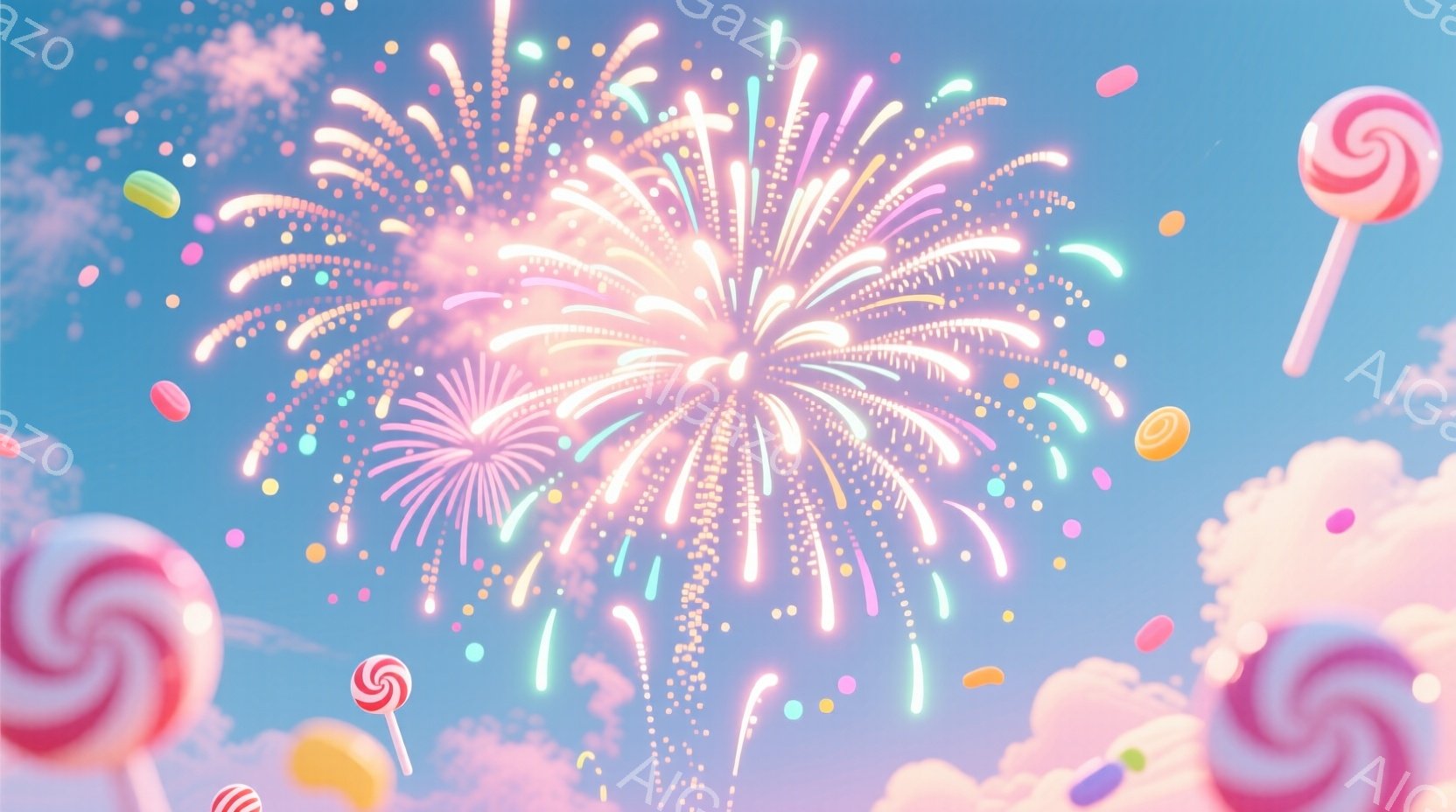 空にはピンクと白の美しい花火が咲き乱れ、まるで砂糖菓子の国にいるような幻想的な光景が広がっています。綿菓子のような雲と、様々な色や形のキャンディが空中に浮かび、夢のような雰囲気を醸し出しています。全体的にパステルカラーで統一されており、可愛らしく、甘い香りが漂ってくるような、幸福感に満ちたイメージです。