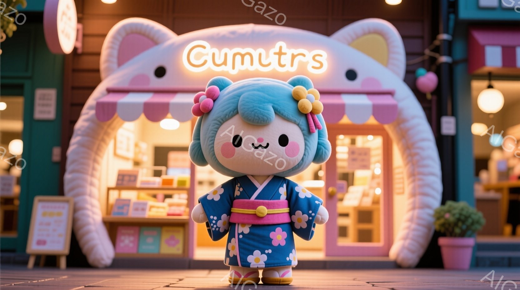 青い髪に花飾りをつけた可愛らしいキャラクターが、紺色の花柄の着物姿で立っています。背景には、ピンクと白のストライプのテント屋台があり、暖かく優しい光が灯っています。夜の商店街のような雰囲気で、全体的に夢のような、可愛らしい印象です。