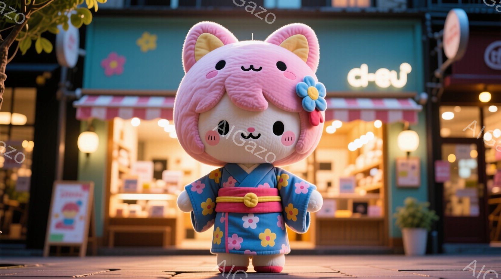 明るい青色の花柄の着物を着た、ふわふわのピンク色の髪の毛を持つキャラクターが描かれています。可愛らしい表情で正面を見つめ、両手を体の横に下げたリラックスした姿勢です。背景には、温かい光が灯るお店があり - AI生成フリー素材