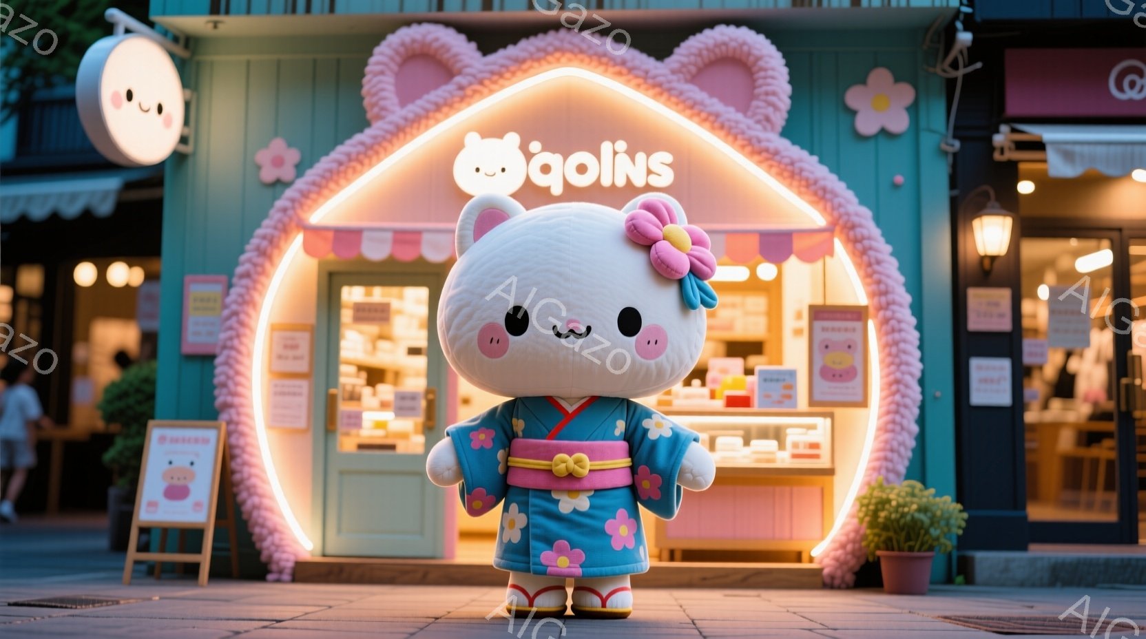 白くてふわふわしたキャラクターが、鮮やかな水色の着物姿で立っています。着物にはピンクや黄色の花柄が描かれており、赤い草履を履いています。背景にはピンク色の光で飾られた入り口と、お菓子屋さんの明るい外観があり、賑やかで楽しい雰囲気が漂っています。