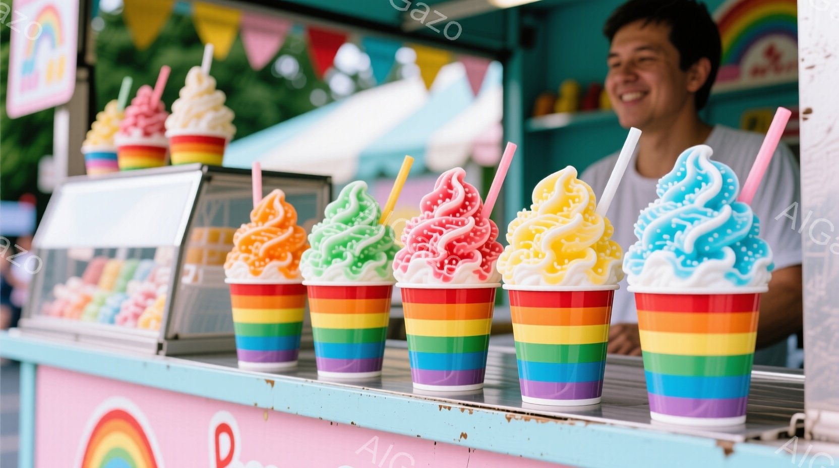カラフルなレインボーカップに入ったソフトクリームがずらりと並んでいます。背景には、笑顔の男性店員と、カラフルな旗や装飾が施されたお店が見えます。明るい日差しと鮮やかな色合いが、楽しい夏の雰囲気を醸し出しています。