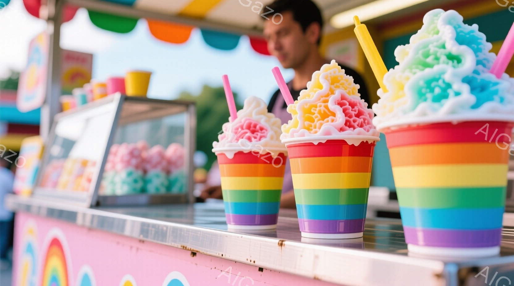 カラフルなカップに入ったかき氷が並べられており、それぞれピンク、黄色、緑色と鮮やかな色彩をしています。背景には、かき氷を売る屋台の一部が見え、ぼやけた人物が立っています。全体的に明るく、夏祭りのような楽しい雰囲気が漂っています。