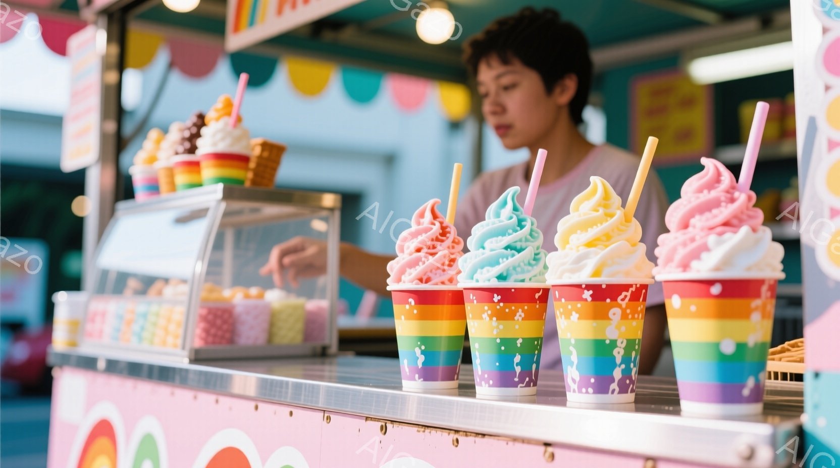 カラフルなソフトクリームが並んだ屋台で、若い男性が作業中です。彼は黒いTシャツを着ており、後ろ髪を少し長く伸ばしています。背景には、パステルカラーの装飾が施された屋台のカウンターと、様々な種類のソフト - AI生成フリー素材