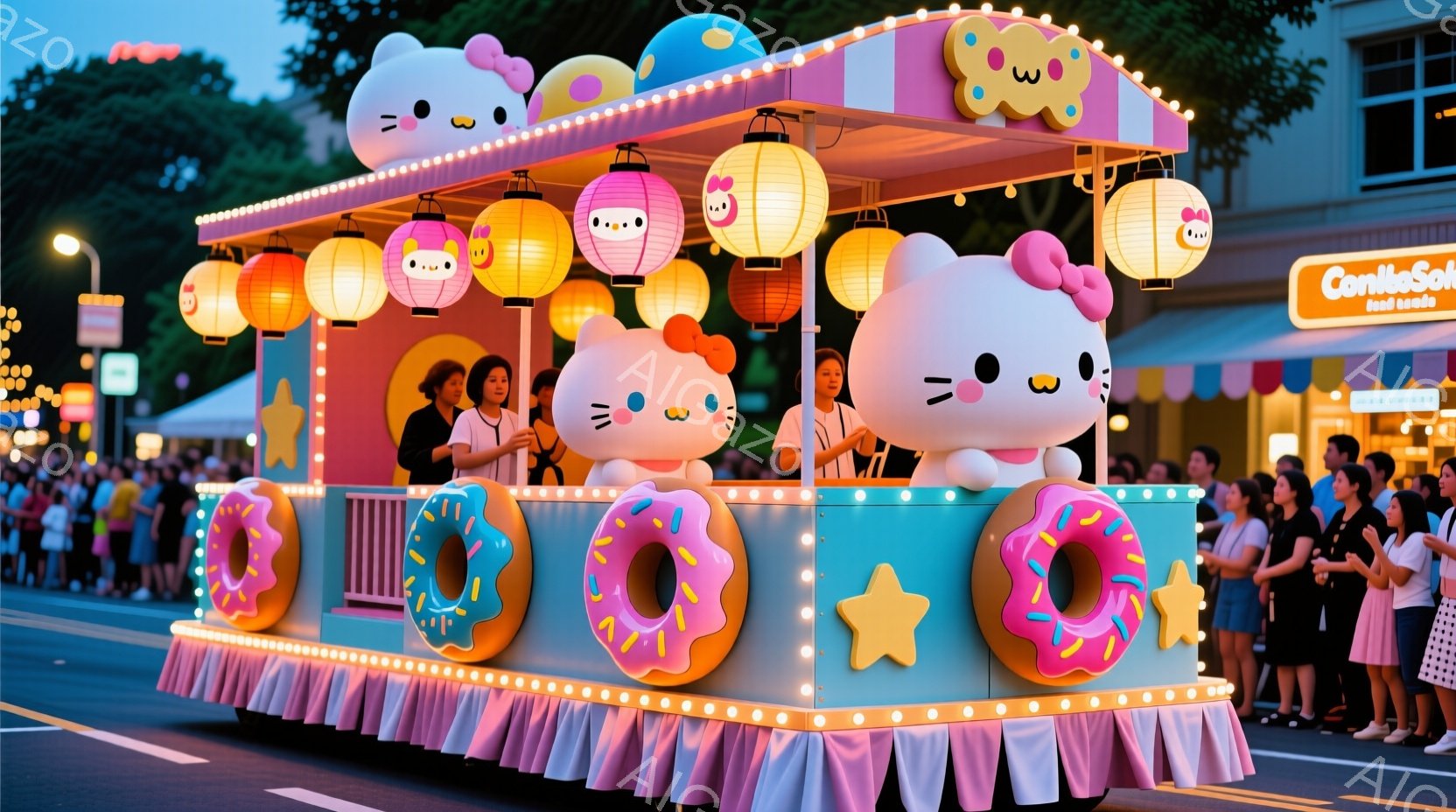 パレード用の鮮やかな水色のフロートが写っており、大きなドーナツのイラストが側面に描かれています。フロートの上には、可愛らしいキャラクターの大きな模型が飾られ、オレンジ色の提灯が吊り下げられています。フロート上には数人の女性が立ち、カジュアルな服装で笑顔を見せており、背景には観客や建物がぼやけて見えます。