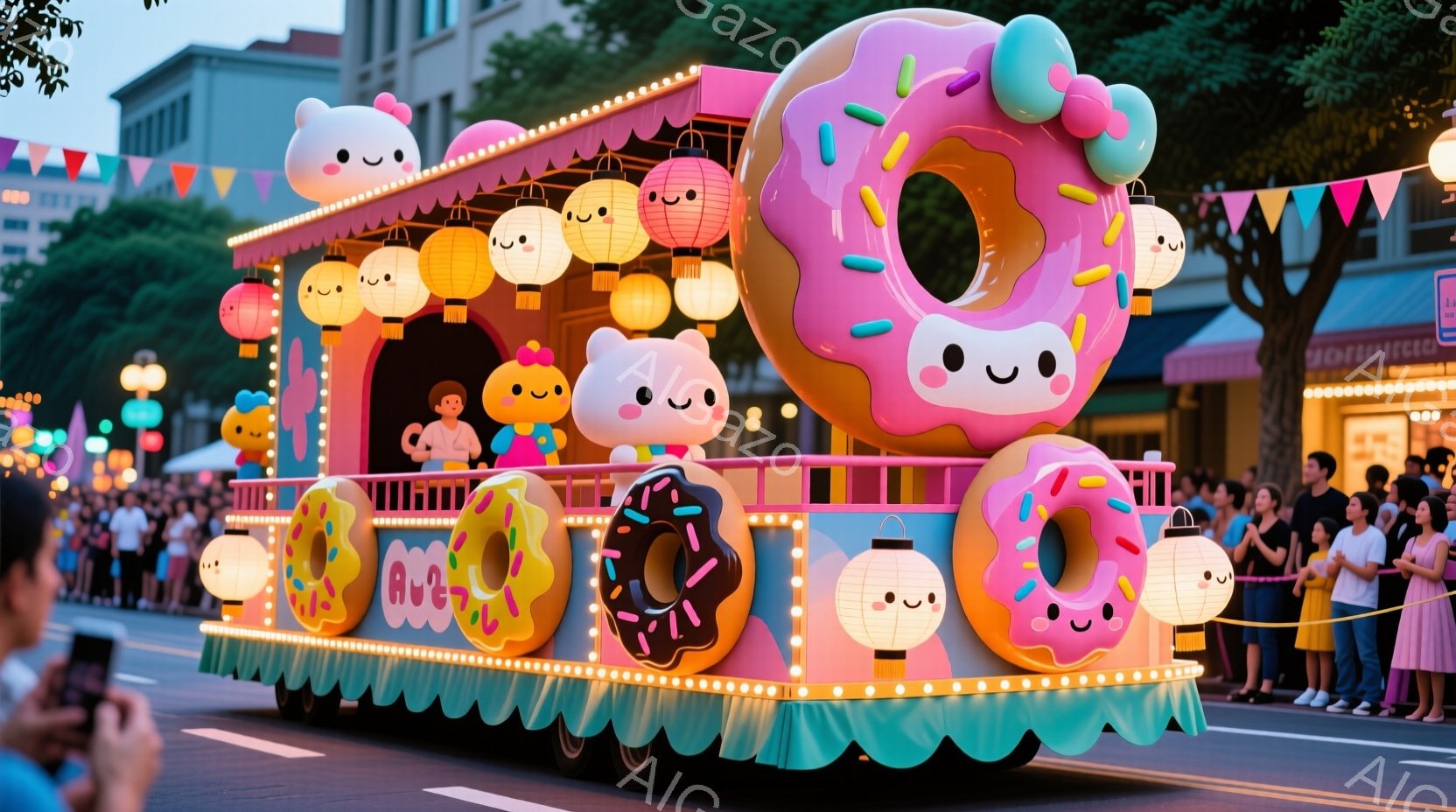 夜のパレードで、ドーナツをモチーフにしたフロートが進行している。フロートには可愛らしい表情のドーナツ型の提灯が飾られ、ピンクと水色のカラフルな装飾が施されている。背景には建物や木々が見え、多くの人々がパレードを楽しんでいる様子が伺える、明るく楽しい雰囲気である。