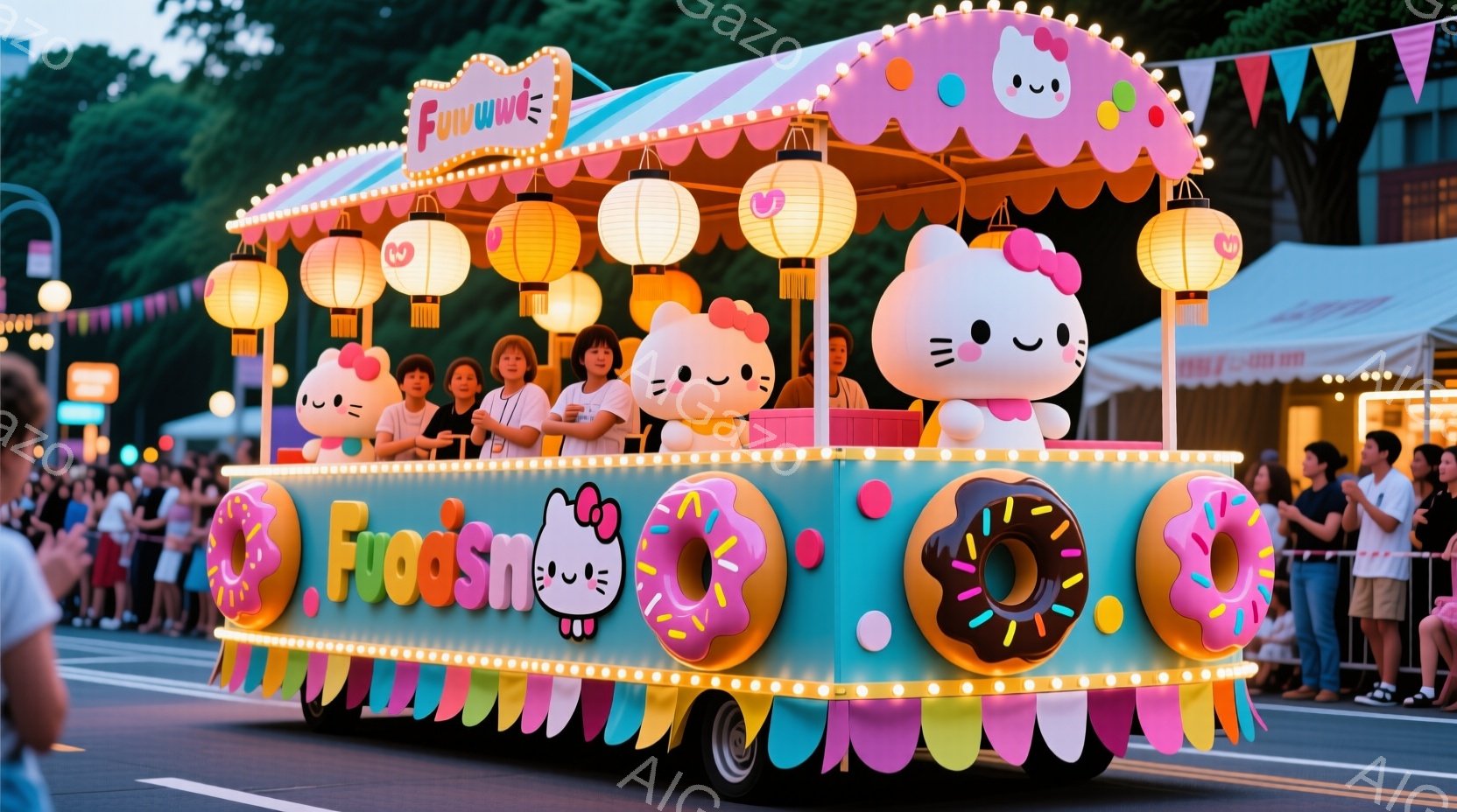 カラフルなパレードフロートが写っており、ドーナツとハローキティをモチーフにした装飾が特徴的です。フロート上には数人の人物が乗っており、カジュアルな服装で笑顔を見せています。背景には建物や木々が見え、夕暮れ時の明るい空が広がっており、お祭り騒ぎのような賑やかな雰囲気が漂っています。