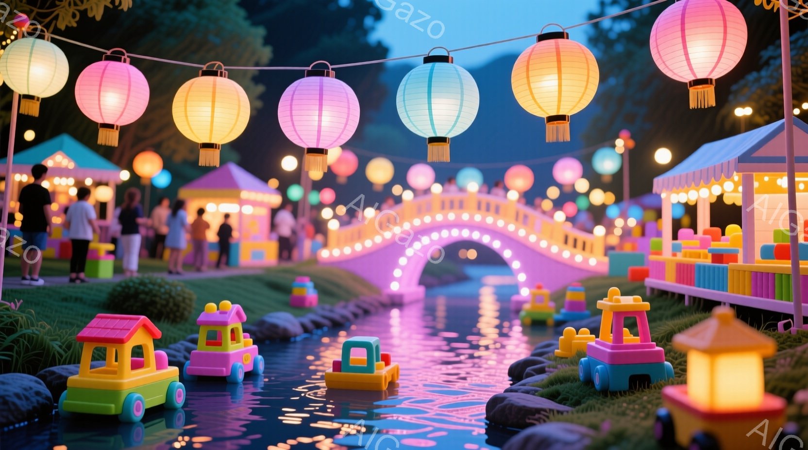 夜景のイルミネーションディスプレイで、多くの人々が集まって楽しんでいる。カラフルなボンベイを含む様々な色の軽く飛ぶ風船が空に点在する。夜空は青一色で、雲が少し濃い。人たちは楽しそうにお互いと話し合って - AI生成フリー素材