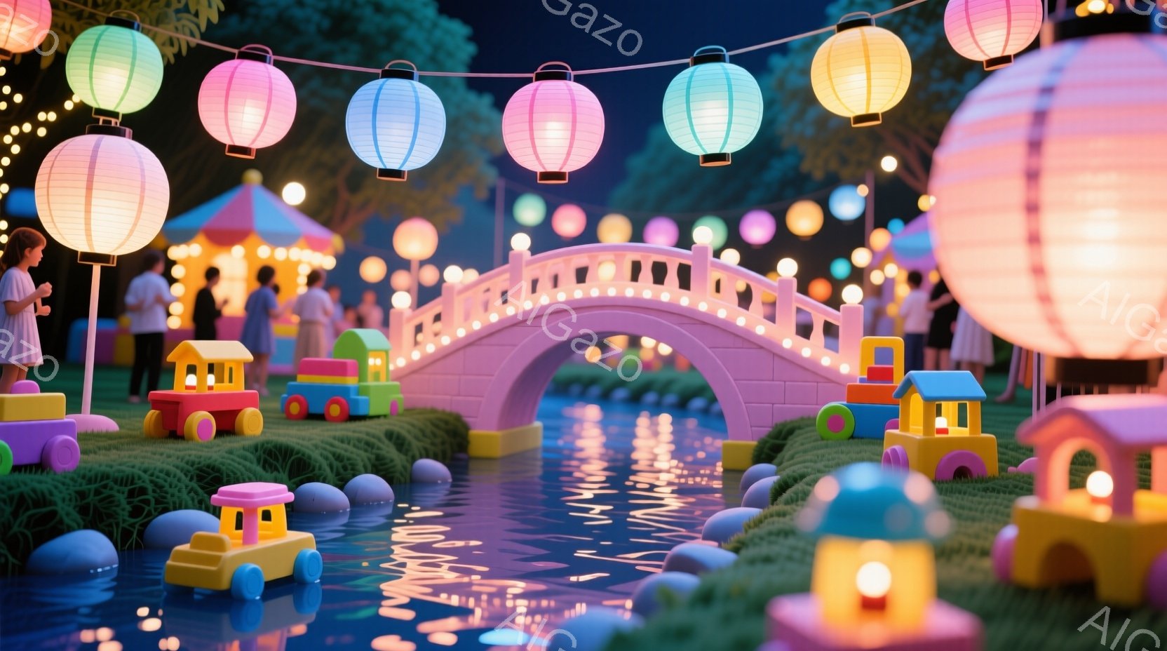 鮮やかな色合いの提灯が並び、水路に映る光が幻想的な雰囲気を醸し出しています。ピンクの橋の上や水路沿いには、おもちゃのような可愛らしい車や家が配置され、楽しげな祭りの光景を思わせます。人々の服装は様々で - AI生成フリー素材