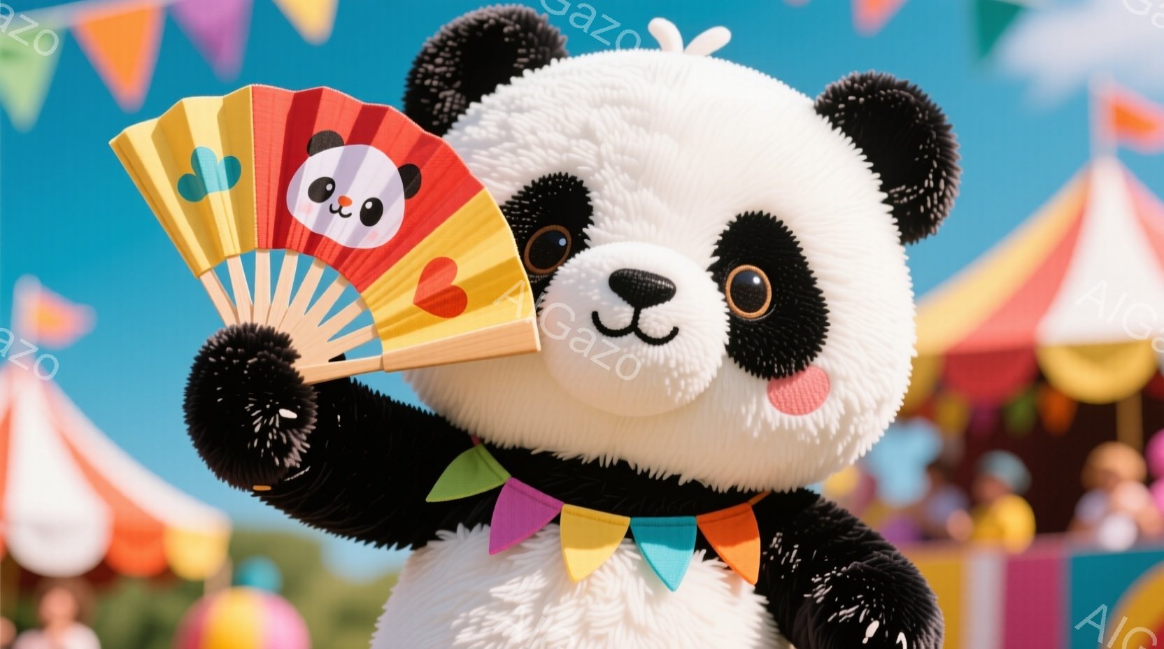 ふわふわのパンダのキャラクターが、カラフルな祭りの背景を前に立っています。パンダは小さな旗が繋がったガーランドを首に飾り、片手に可愛らしいピンクと白の扇子を持っています。背景には、パステルカラーのテン - AI生成フリー素材