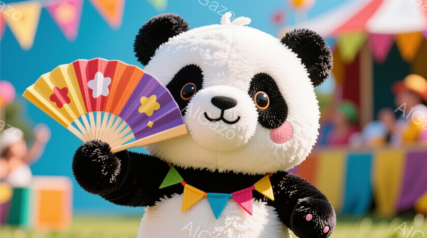 白と黒のふわふわとしたパンダのキャラクターが、カラフルな扇子を片手に持ち、微笑んでいます。首には、三角形の旗が連なったガーランドが飾られており、背景には緑の芝生と、ぼやけたカラフルな建物や人々が見えま - AI生成フリー素材