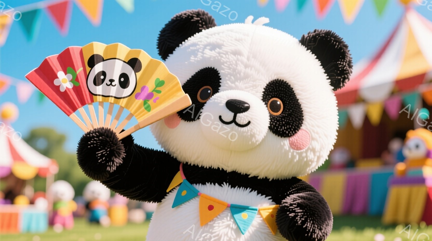 大きなパンダのぬいぐるみは、鮮やかな色の扇子を持っており、その扇子には可愛らしいパンダの絵が描かれています。パンダは緑の芝生の上に立っており、背景にはカラフルなストライプのテントや旗が並び、お祭りやイ - AI生成フリー素材