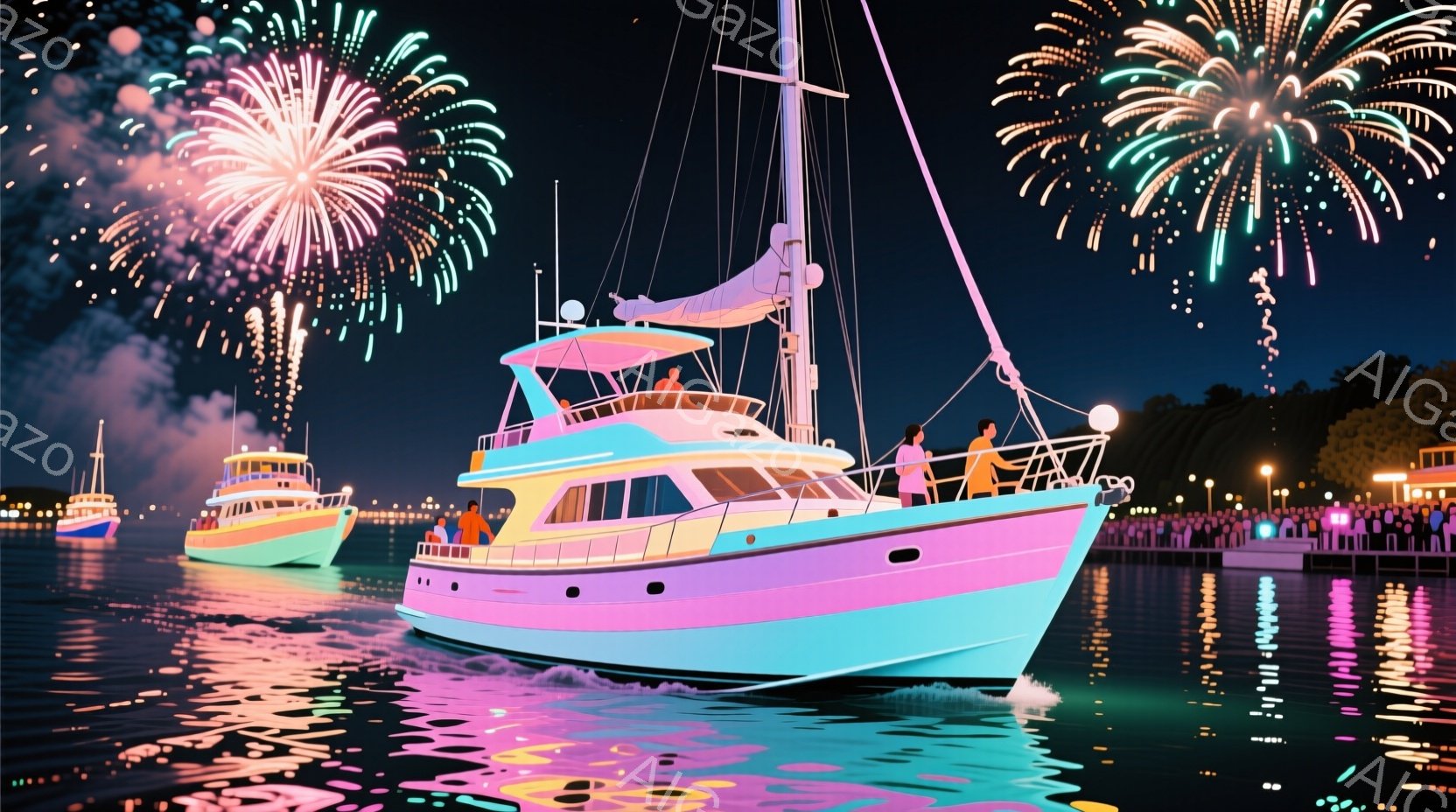 夜の海には、ピンクと水色の遊覧船が浮かび、鮮やかな光を放っている。船上には数人の人々が立ち、遠くの花火を楽しんでいる様子が見える。背景には暗いシルエットの建物と、水面に反射する光が幻想的な雰囲気を醸し - AI生成フリー素材