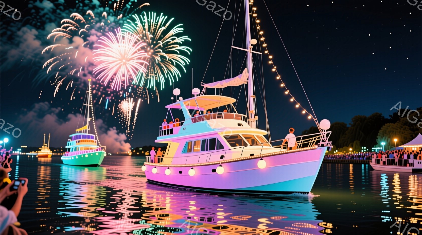 夜の川に、ピンクと緑の船が浮かび、花火が夜空を彩っている。船の上には人々が立ち、楽しそうに景色を眺めている様子が伺える。水面に映る光と花火の光が幻想的な雰囲気を醸し出しており、お祭りやイベントの賑やか - AI生成フリー素材
