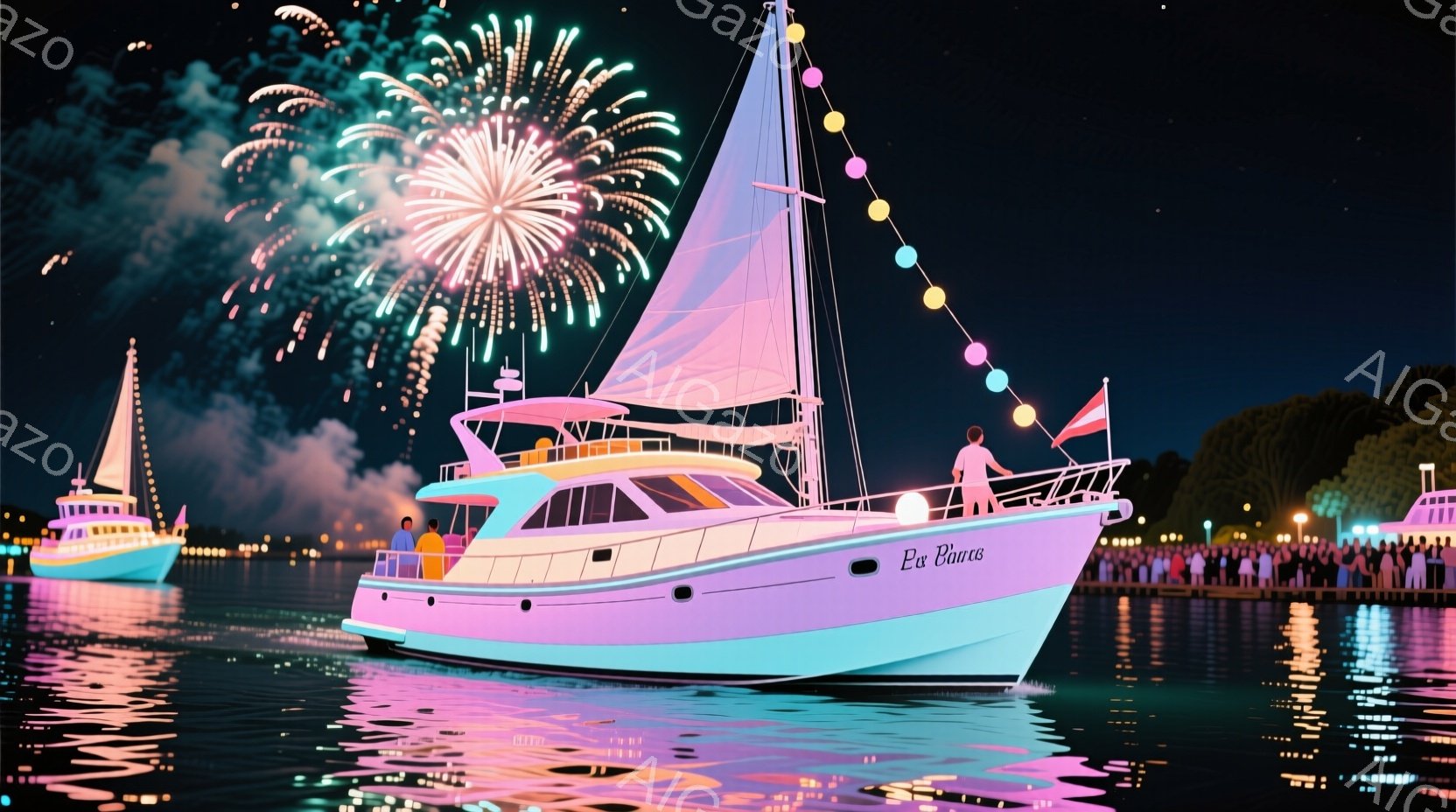 夜の海に浮かぶピンク色のヨットが印象的です。船上には数人の人々がおり、白いシャツを着ており、リラックスした様子で海を眺めています。背景には花火が上がり、水面に反射して幻想的な雰囲気を醸し出しており、岸 - AI生成フリー素材