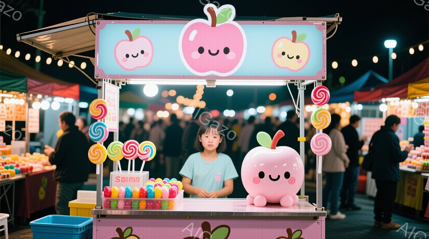 少女がピンク色の可愛らしい屋台の前に立っており、屋台にはカラフルなキャンディーが並べられています。彼女は白いTシャツを着ており、表情は穏やかで少し内気そうです。背景には多くの人が歩き、屋台の明かりが灯 - AI生成フリー素材