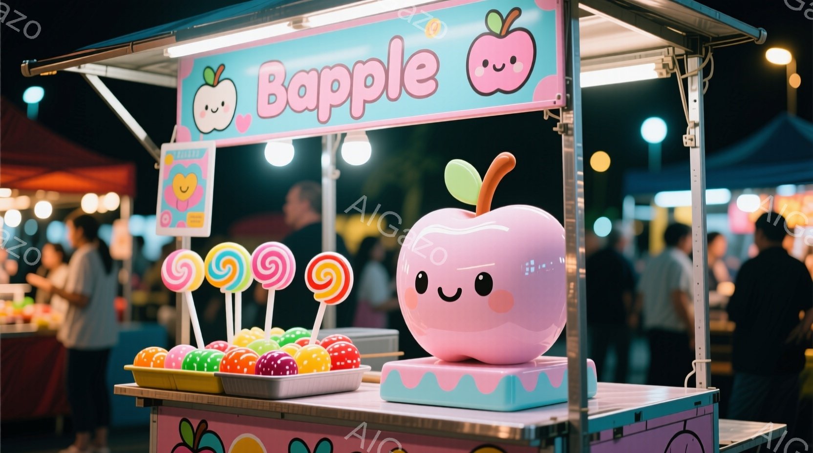カラフルなキャンディを売る屋台が写っています。屋台の上には大きなピンク色のリンゴのオブジェがあり、可愛らしい表情をしています。背景にはぼやけた人々の姿と屋台が並び、夜の賑やかなお祭りの雰囲気が伝わって - AI生成フリー素材